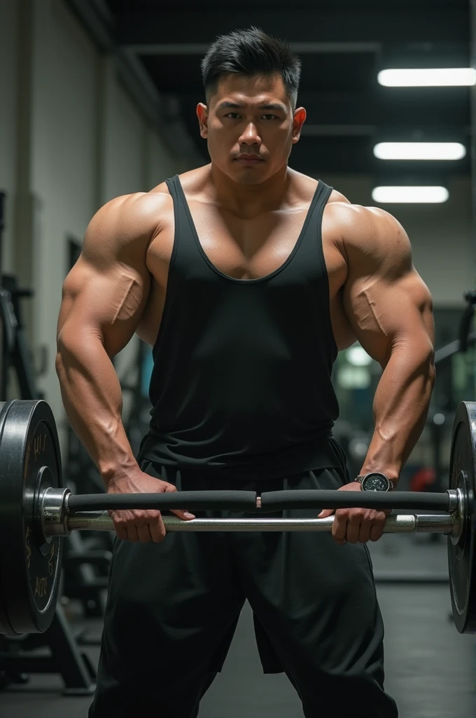 masterpiece, best quality, high resolution, realistic, handsome, photogenic, syahnk, SFW,  a photo of a 35 year old gym frat (man:1.2) portrait, standing in a gym , doing military press, weights, stunning , short buzzcut hair,stubble head , (hypermuscle),looking at the viewer, flirting with the camera, charming, (tight white gym shirt ),(GS-Masculine:1), 8K UHD