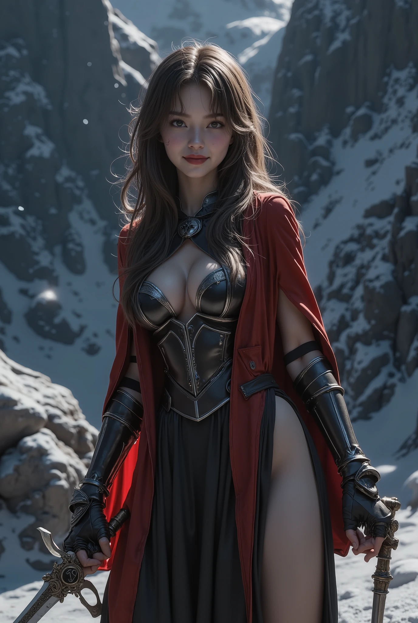 (ultra Realistic) , (illustration), (Enhance resolution), (8k), ( Extremely Detailed), ( detailed face ), Slim Body, in the dark , deep shadow, low profile, pureerosfaceace_v1, Happy smile, Winter, Mountain
