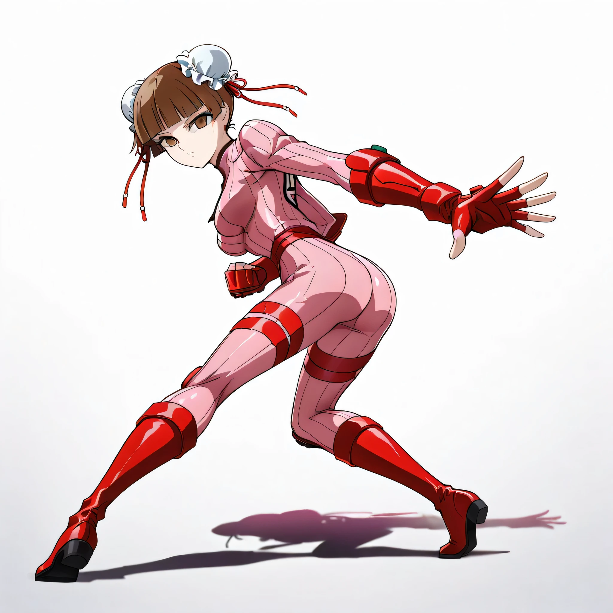 ultra-detailed, Explicit, Beautiful body, Beautiful Nose, Beautiful character design, perfect eyes, perfect face, ultra highres, 4K, beautiful legs, perfect legs, Nice hands, Perfect hand, Masterpiece, Best Quality, Highly detailed, illustration, absurdres, perfect anatomy, street fighter, doll suit, shadaloo doll, dollsuit, expressionless, blank eyes, looking at viewer, red gloves, emotionless, black latex, corrution, mind control, female combatant, full body, hypnotized, unhappy trance, full body suit, ribbed bodysuit, both arms at side, obey, perfect female body, extremely glossy latex, hypnosis, hypnoLora, empty eyes, Mind control device, poses, submissive_pose, Slave, hat, necktie, stand up straight, standing, standing at attention, hat, necktie, belt, latex, ribbed bodysuit, thighhighs, garter belt, Fighting Stance, extending the right arm from the shoulder into the air with a straightened hand, military, thigh boots, 1girl, Solo, fukuzawa yumi, medium hair, brown hair, twin tails, brown eyes