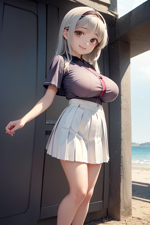 solo 1 thin (little girl:1.1) standing, (straight back:1.1), (disproportionately gigantic perky breasts:1.3), (cleavage:1.3), (frilled white shirts with open chest wide), BREAK, large cute eyes, loli face, BREAK, (thin long legs:1.3), too thin waist, arms behind back, BREAK, (absurdly long white straight hair:1.3), blunt bangs, BREAK, (long black thighhighs:1.5), BREAK, (short black capelet:1.2), (short black high-waist skirt:1.2) cinches waist tight, BREAK, looking at viewer, (nose blush:1.1), full body, landscape