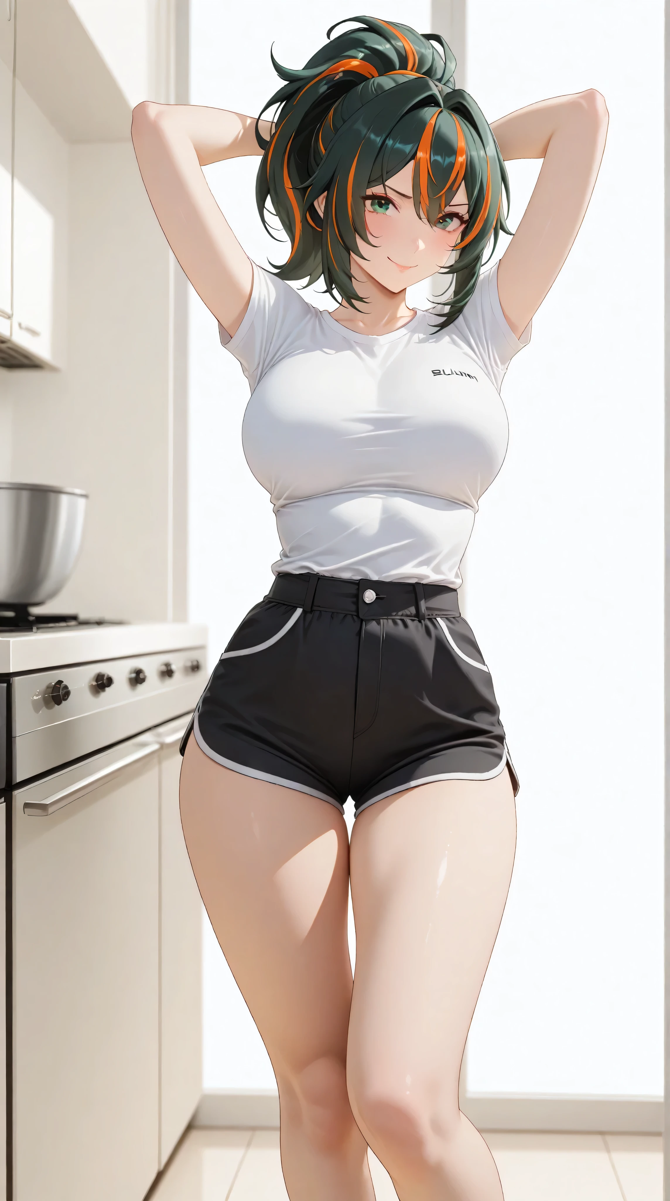 masterpiece, extremely detailed,4k,solo,1girl,adult ,((fullbody)),zhu yuan, tsundere smile,,stand up,ponytail streaked hair,slim body, sexy legs,large breasts,arms behind head,housewife, black shorts, oversize white tshirt, soft light, high detailed, best quality, upper body,, white plain background ,white background,looking at viewers,front look,sexy pose, photography,cowboy shot