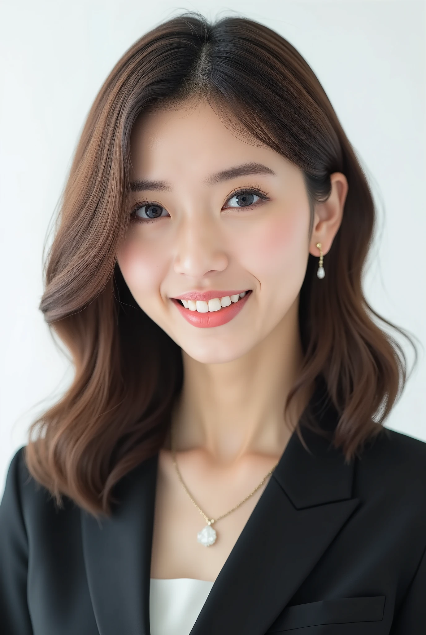Beautiful Japanese Woman 、、 She is wearing an office lady suit、濃いeyeshadow 、Hairstyle medium long、wavy hair 、Light brown hair 、ear piercing、 smile showing teeth、 necklace、 white backgr