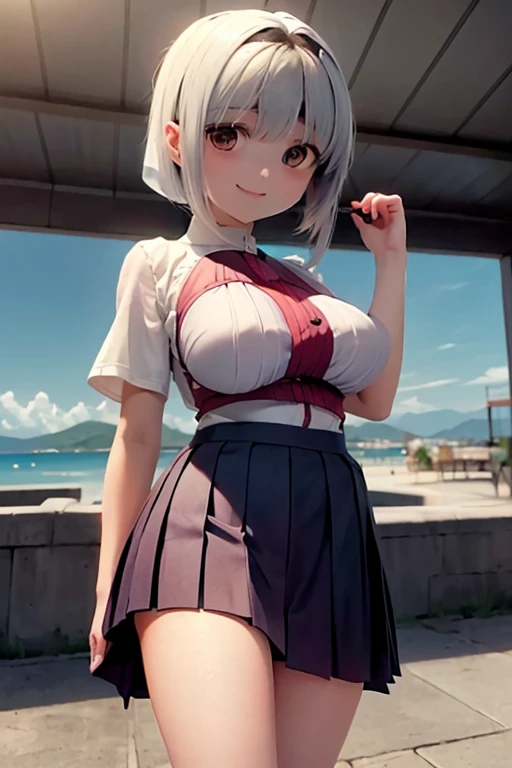 Nude、beautiful girl、Nipples、White panties、Silver Hair、Medium Hair、Hair Ribbon、sunny、Embarrassing pose、lean forward to emphasize the chest