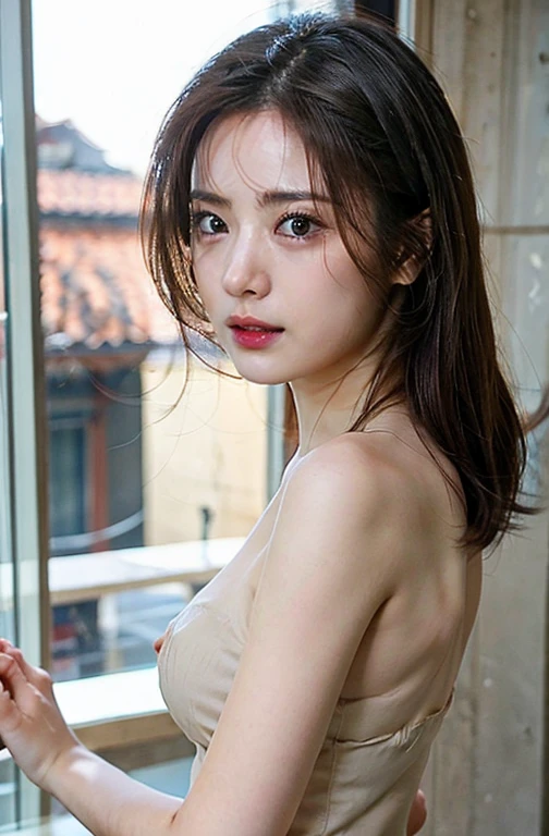 2 girlasterpiece:1.3), (8K, Photoreal, Raw photo, best image quality: 1.4), Japanese, (1 girl), beautiful face, (lifelike face), (short hair:1.3), beautiful hairstyle, realistic eyes, beautiful eyes, (real looking skin), beautiful skin, charm, 超A high resolution, surreal, high detail,, detail makeup,see the beholder,slightly larger breasts、nude、balcony、look at the sky、trimmed pubic hair、((topless))、beautiful nipples、full body figure、muscular、ripped abs、Rear view