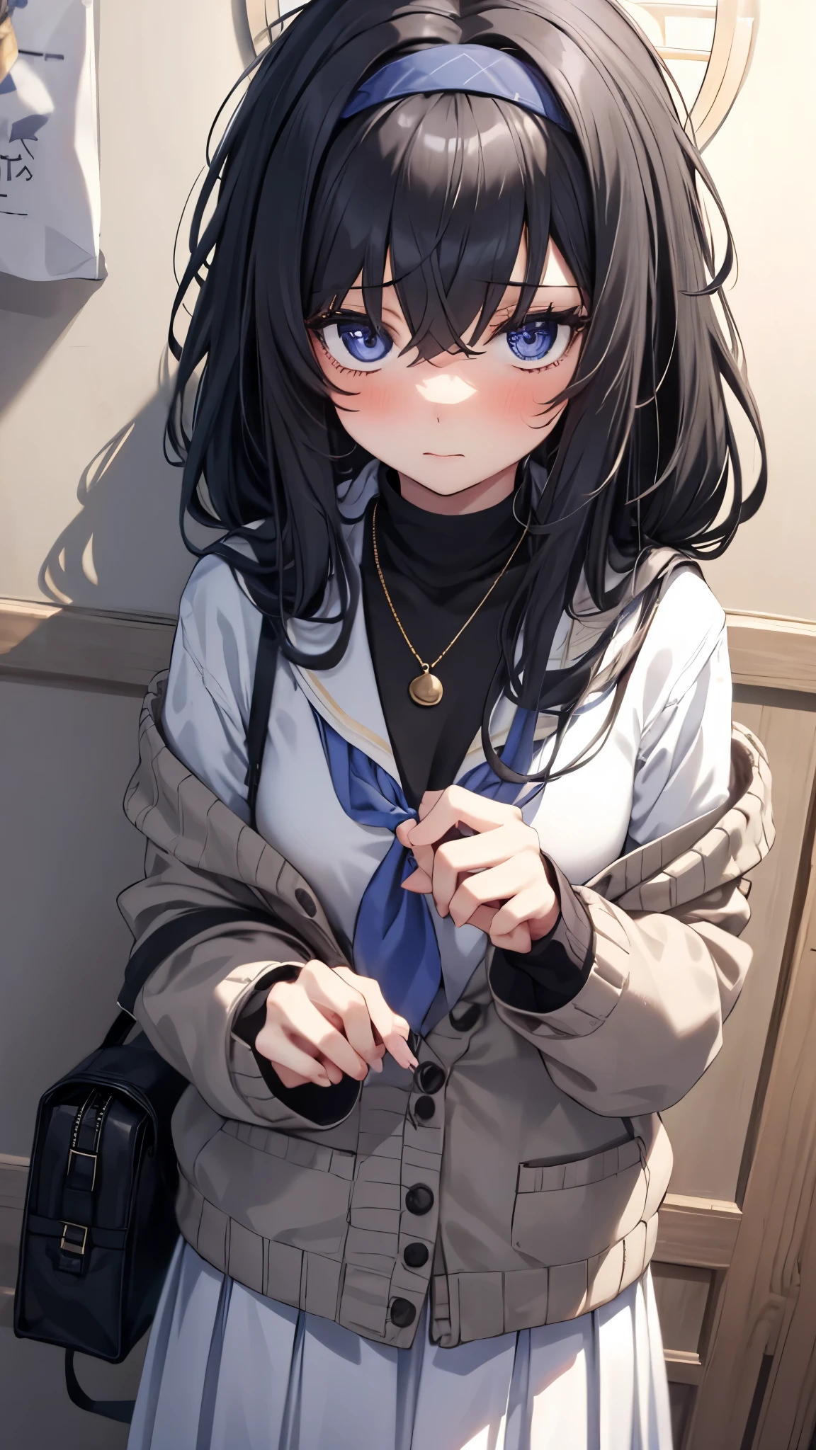 Upper body,1girl,solo,uidef,jitome,sanpaku,(bags under eyes:1.5),sailor shirt,neckerchief,cardigan partially removed,hairband,necklace,long skirt,black hair,long hair,halo,(There is wall behind),BREAK ,1girl and 1boy, kabedon pov,masterpiece,Noise Reduction,perfect anatomy, ultra-detailed, ultra-detailed face,game cg,dutch angle ,beautiful detailed eyes,five fingers, perfect hands, perfect lighting,
