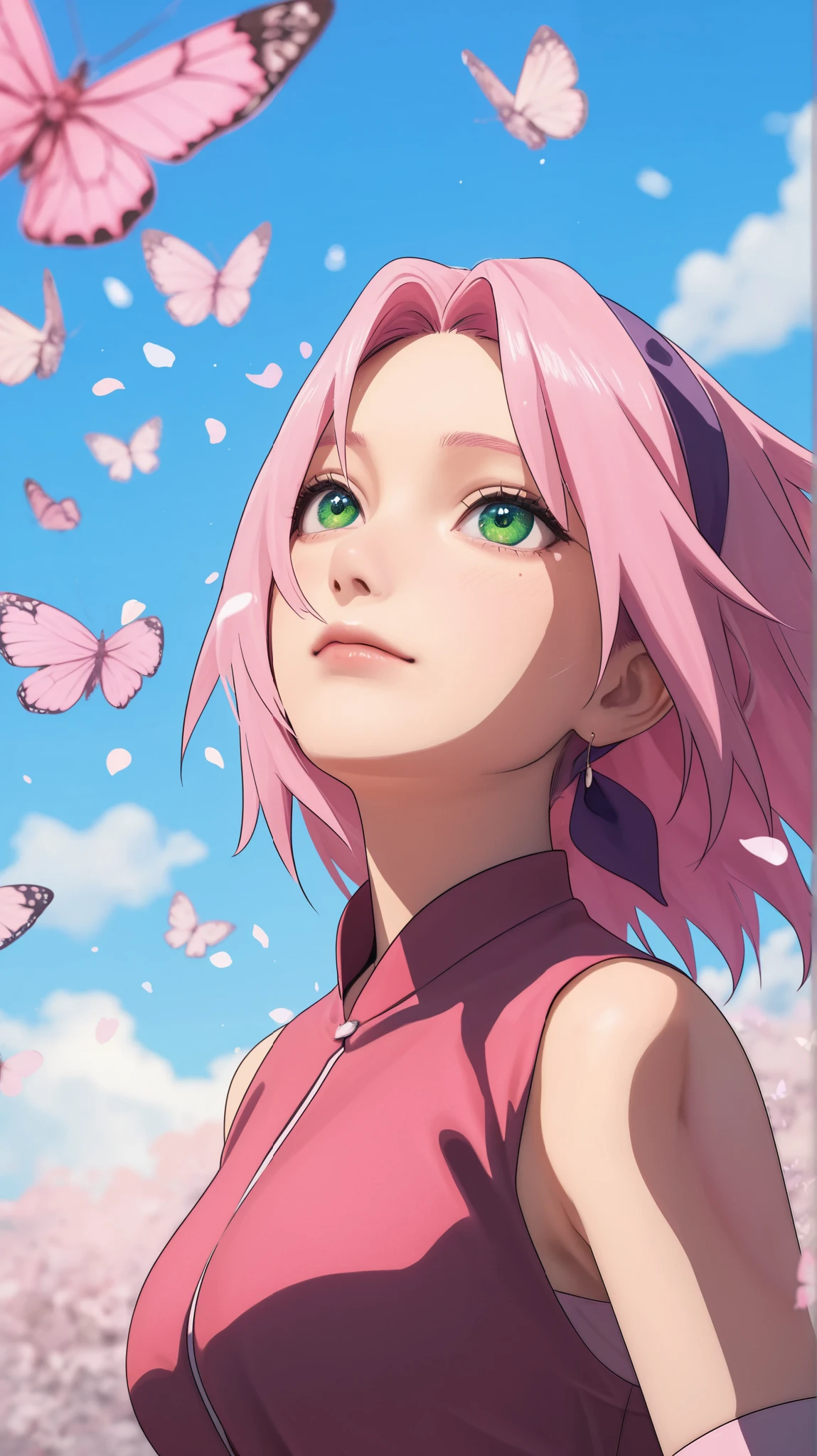 Pink hair green eyes pink butterfly  Big boobs realistic 4k in pink dress 