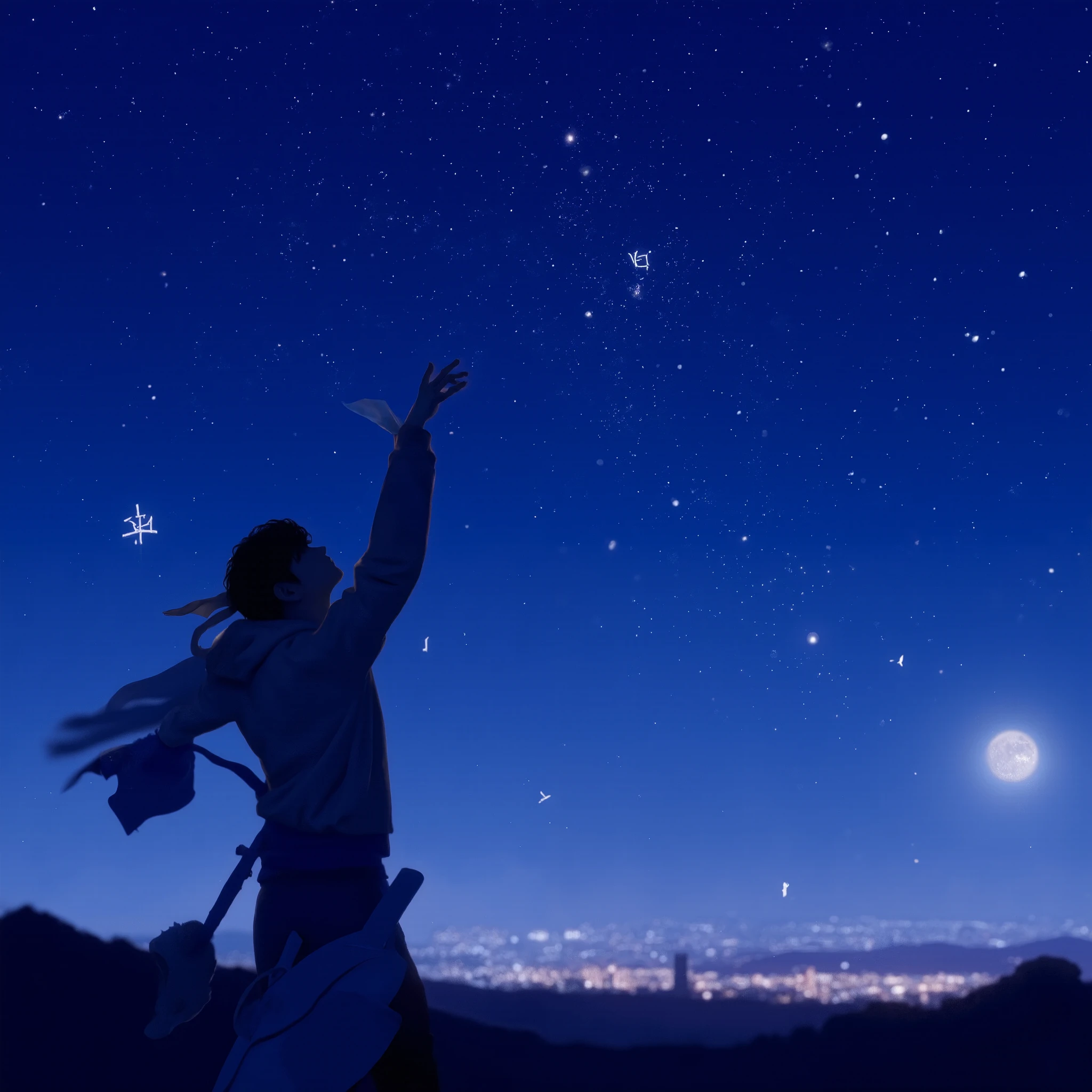 Under the night sky, the silhouette of a free-spirited young man is depicted, embodying the essence of the wind. The background is filled with shimmering stars, creating a dreamy and ethereal atmosphere. In the distance, the glow of a cityscape symbolizes his fleeting presence. Subtle elements of Hangul and Hiragana intertwine, representing a connection between Korea and Japan. The overall color scheme features shades of blue and purple, enhancing the romantic and mysterious ambiance.