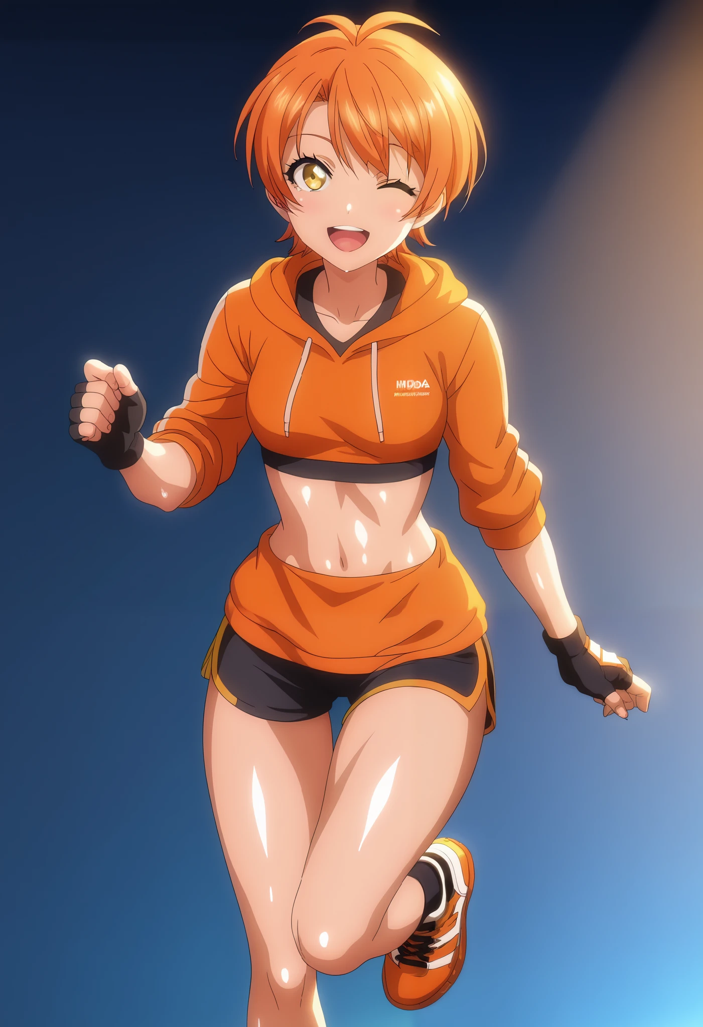 TRexStudio,source_anime, anime screencap,Shiny skin,dynamic lighting, detailed shading,moist skin, HENTAI , hoshizora rin, yellow eyes, pop haircut with blunt bangs,short orange hair,sexy wink, cowboy shot,front view, thighs , happy,Black sports bra with a racerback design, high-waisted gray leggings with orange stripes along the sides, fingerless black workout gloves, lightweight orange running shoes with black accents, fitted black zip-up hoodie tied around the waist