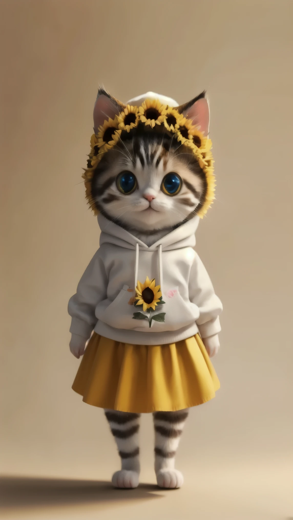 Masterpiece, high quality,cute round white kitten ,On the stomach, from the front、Standing on two legs、 beautiful background, she is wearing a feminine and colorful sweatshirt.、Cute Hats、  hands turned sideways  、 skirt、upright、smile、 sunflower 