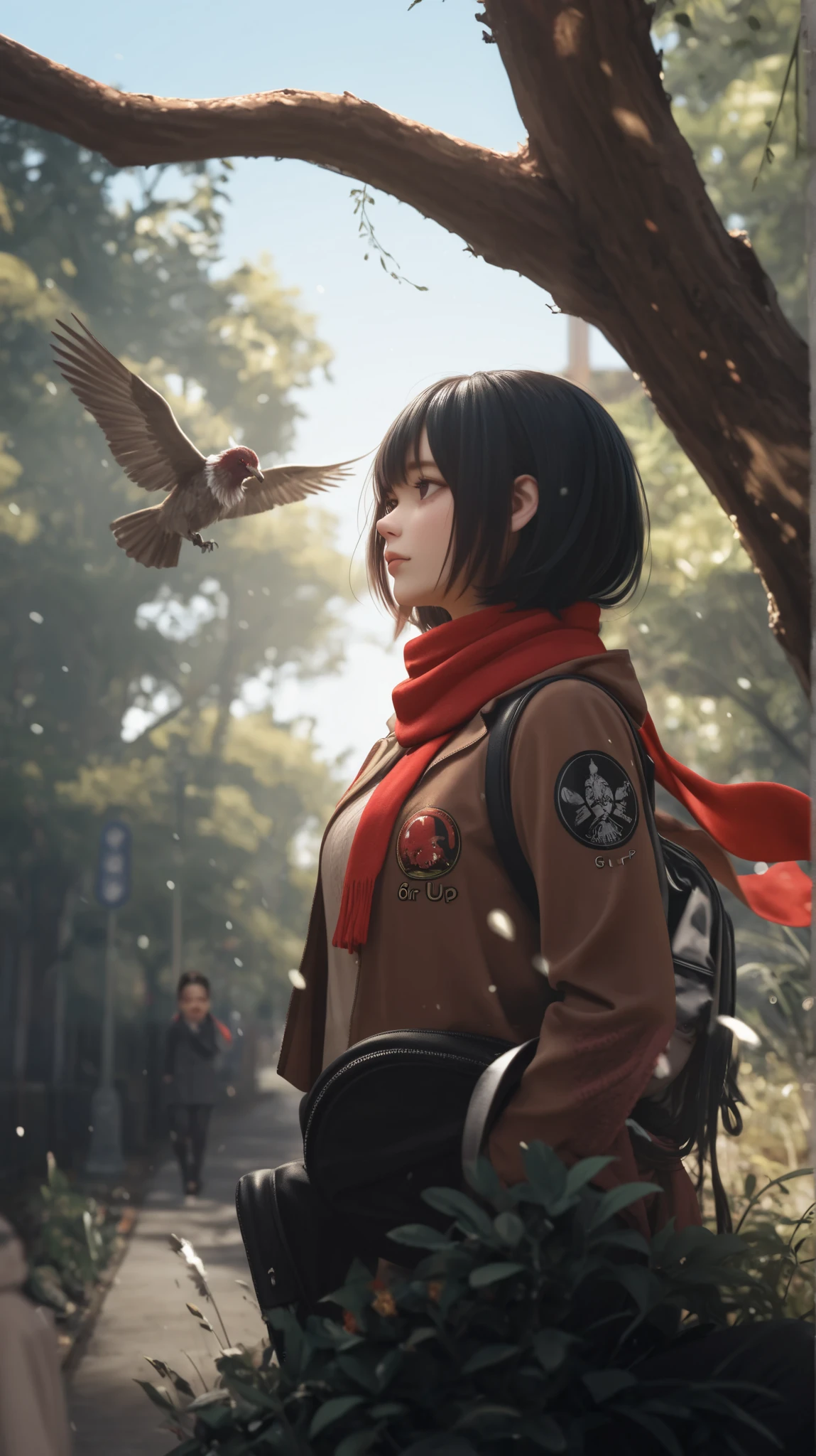 Black hair brown eyes red scarf realistic 4k with realistic peigon