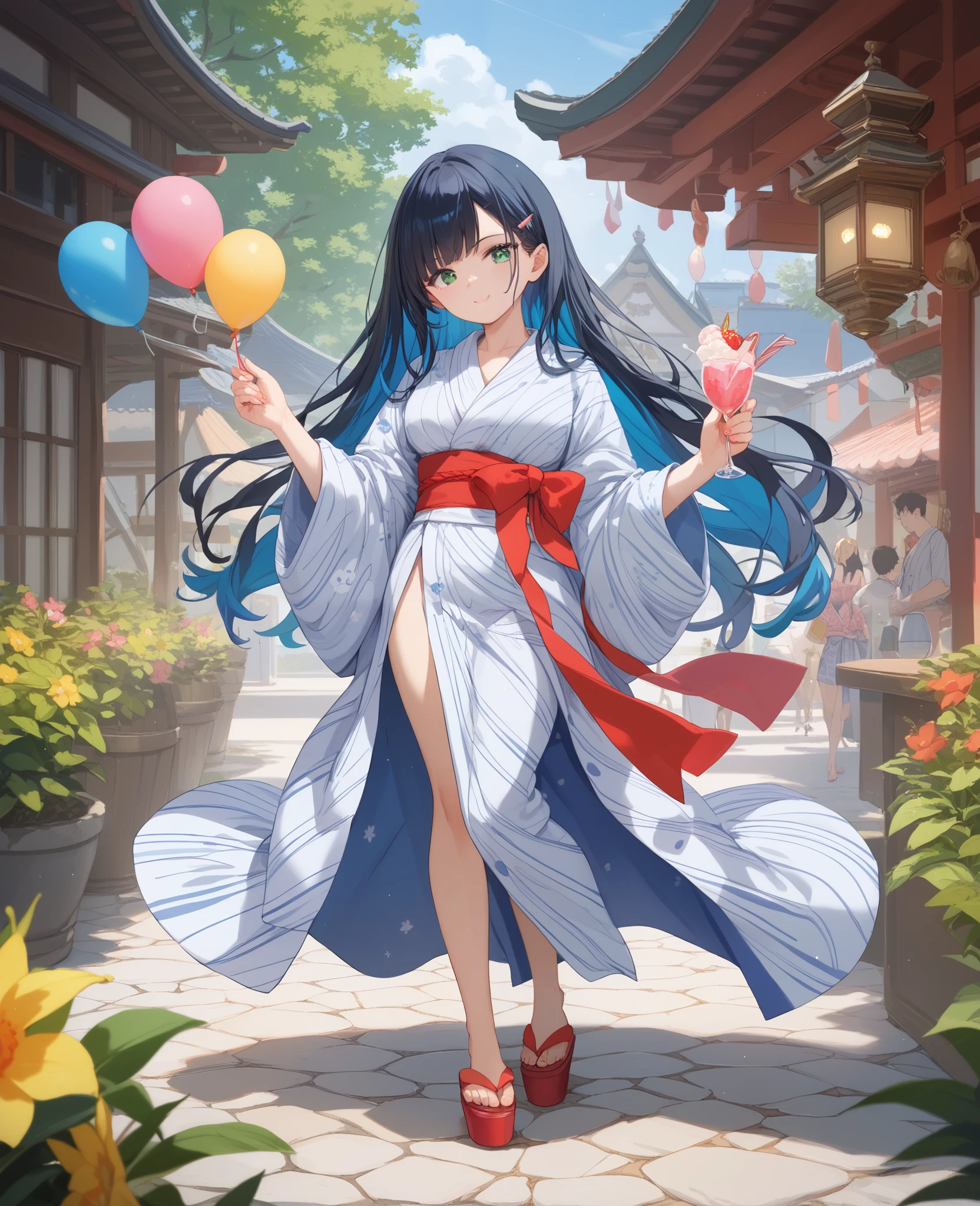 ( masterpiece, top quality, high resolution:1.4), wallpaper, full body, 1 girl, long hair, ( blue hair :1.0), ( black hair:1.0), green eyes, Hair color changes, gradation hair streaming on youtube , small boobs, is facing sideways, yukata , holding party popper, night , hair clips, bangs,