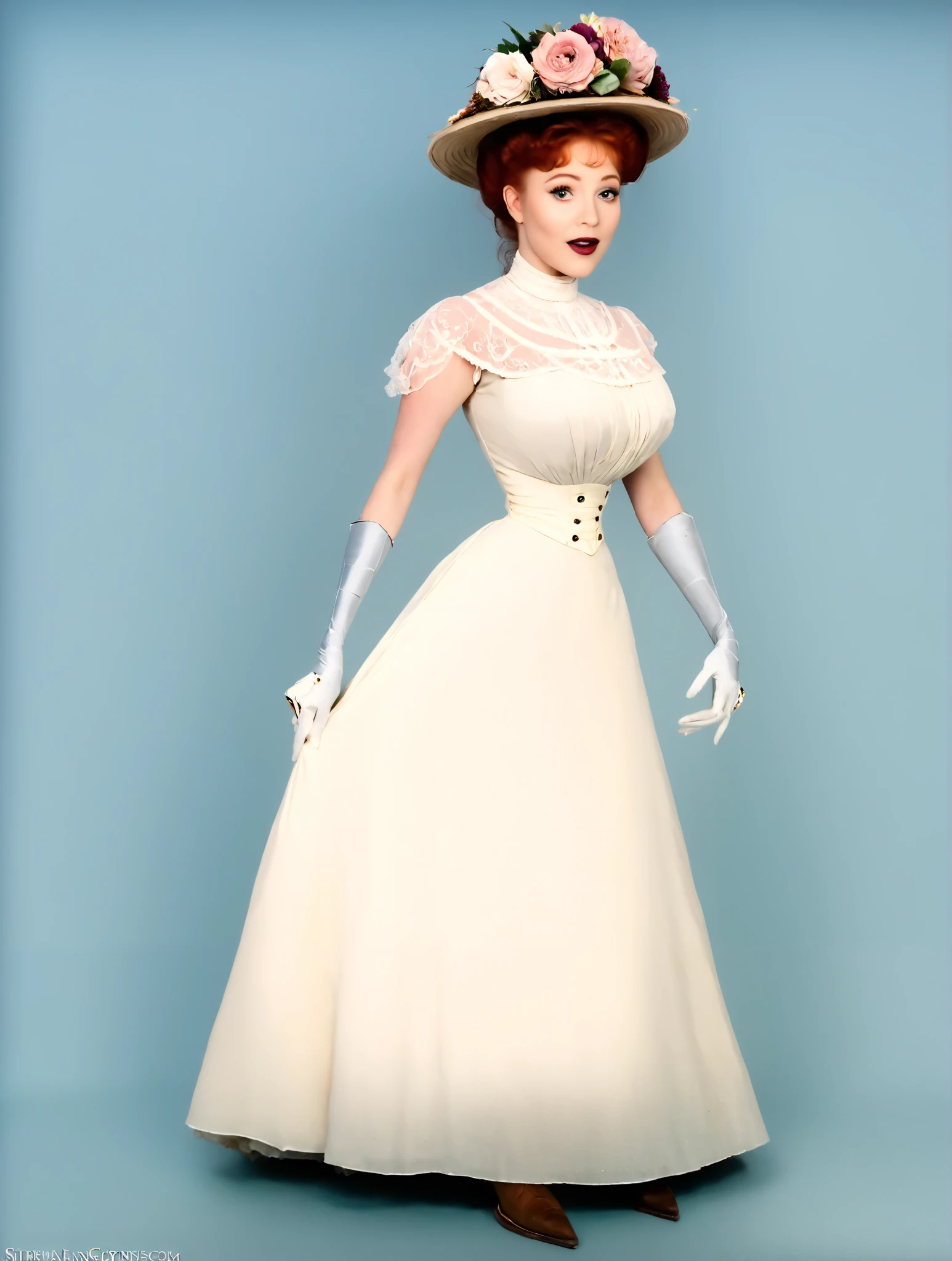 Starfire as a sexy yo redhead Gibson Girl, (((flirting:1.5))), wearing a (((1900_dr3ss))). High-collar gown, wide-brimmed hat with flowers, silk stockings, buttoned ankle boots. Voluminous Gibson Girl updo. Edwardian setting. Gorgeous feminine face, lipstick. Full body. Large tits. Delicately wielding a parasol