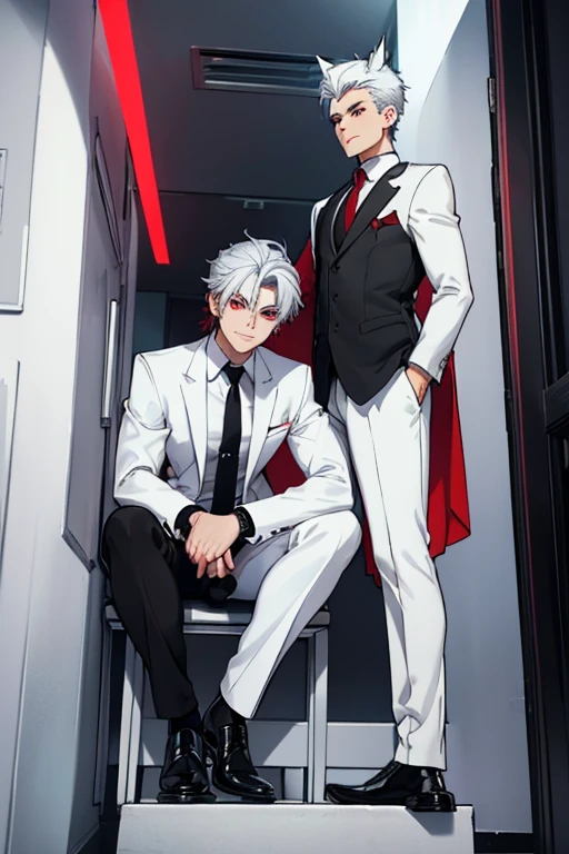Couple embracing, sweat falling, Boy's leg on Couch, (2boys), 2Boys short white hair, 2Boys red eye, 8k, perfect color matching, white hair only, handsome, 20 year old, jeans, wedding suit, Anime-style thick painting,BL,yaoi,