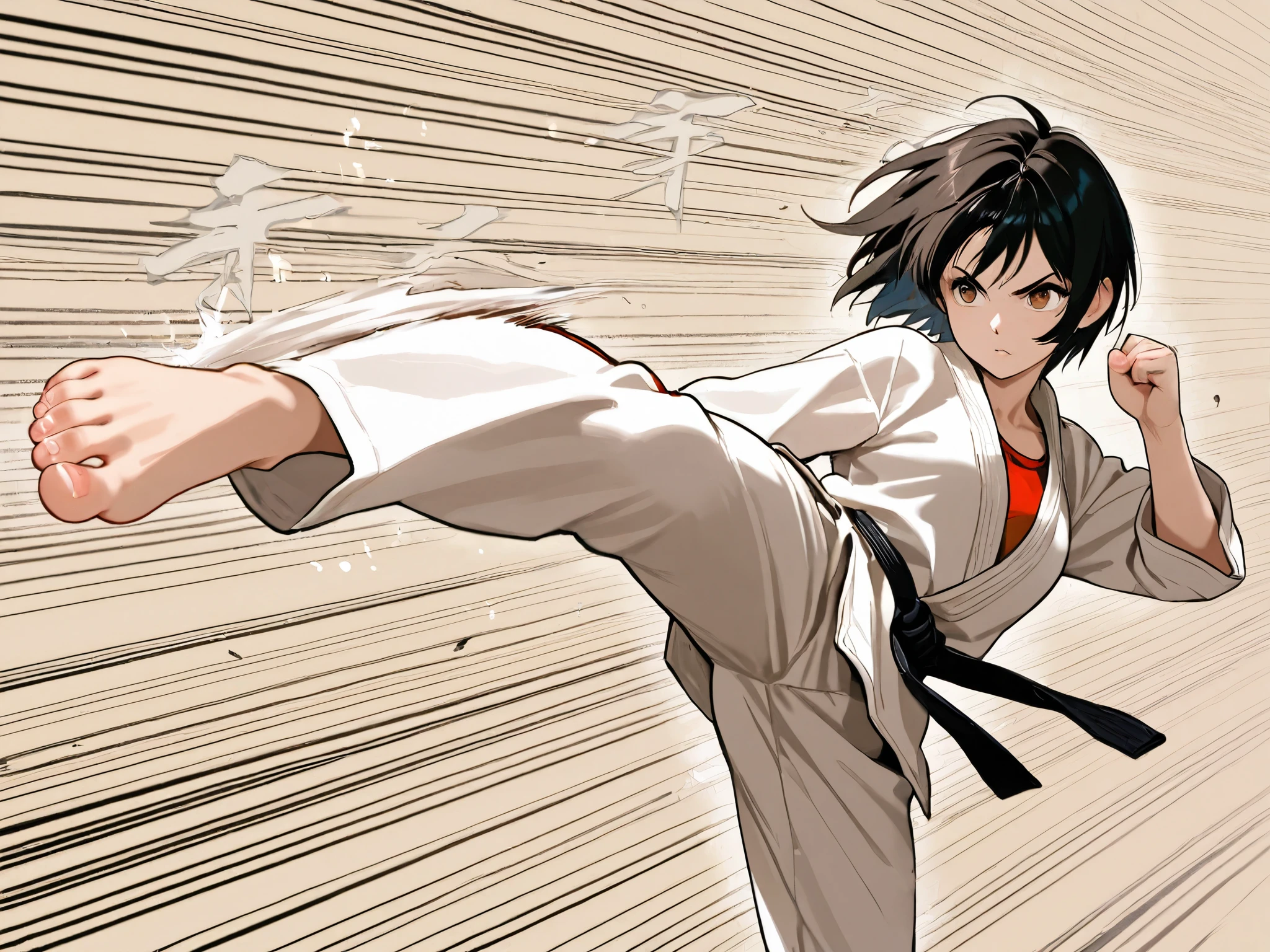 Anime character in a karate stance with a red shirt and black belt ...