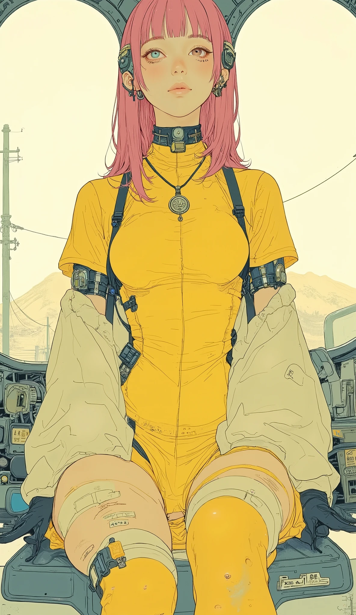 (  There are numerous intricate cutouts in the:1.4)、  Super Real.  Full body shot of a Japanese woman with a fit body  . She has great skin  .  Her pink hair is up  .  She is wearing a yellow lycra bodysuit .  Bodysuit from head to toe  ,  The bodysuit has a dot pattern  ,  Iris heterochromia of the eyes  {x} I wear a choker around my neck .  She is wearing velvet gloves  、 It covers the whole arm  .  She has long socks wrapped around her feet  , She is not wearing shoes .  very detailed
