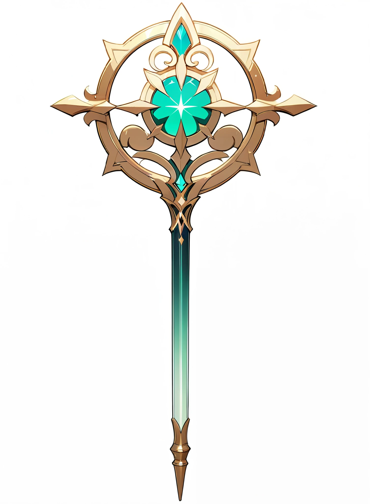 (masterpiece, best quality:1.5) Arcana weapons , white background , there are no humans, Weapon Design, cane, sharp lines, white background , 긴 cane, colorful style, Pretty Design , Green , brown, let's look at it head-on, Don't get cut on the screen