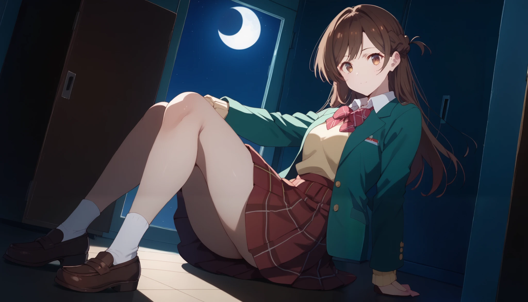 Anime girl sitting on the floor in a room with a moon in the background ...