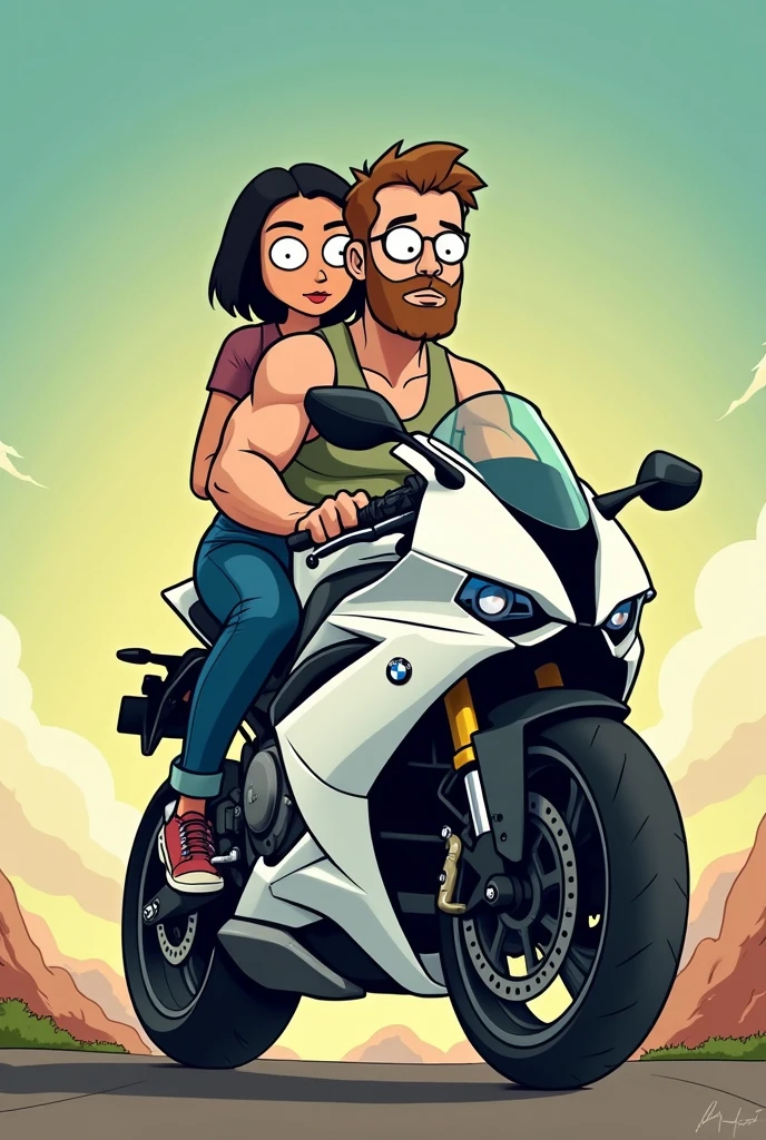 Draw a character of a tattooed man with pierced ears and wearing a t-shirt with the small words "Babas" written on the right chest.,with a girl next to him who has a big chest,with a t-shirt with a small vior written on the right chest and an f40 car behind him,with sea and mountain views,and on top of it there is a dragon