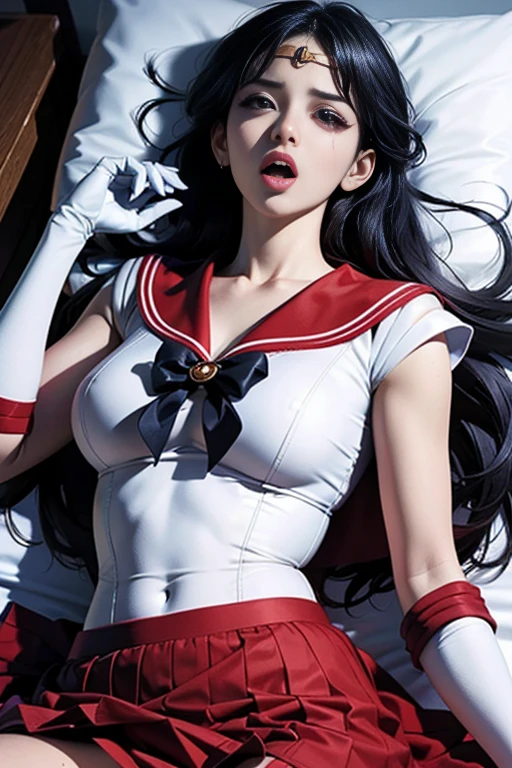 1girl, long hair, (high quality,8k, blonde hair, realistic, best quality, masterpiece, ultra detailed)1.5, ((sama1, tiara, sailor senshi uniform, white gloves, red sailor collar, red skirt)), night city, white gloves, Purple Bow, Purple eye, high heel boots, pantyhose, ((laying down on the back:1.8), (eyes closed:1.7), ((unconsciousness)),