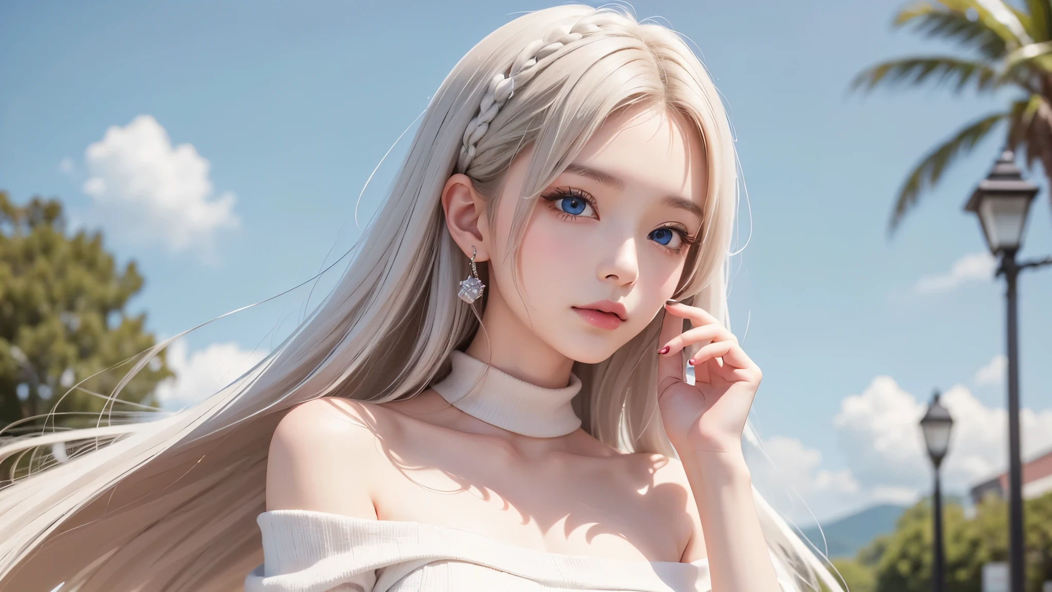 There is a woman in a white dress, artwork in the style of Gwaiz, Gwaiz on pixiv artstation, Gwaiz on artstation pixiv, Gwaiz, Fantasy art style, Gwaiz masterpiece, Beautiful and elegant queen, Beautiful character drawings, Detailed digital anime art, Blonde Princess, Gray Hair, Sky blue eyes, Pink Lips, off shoulder sweater, cool girl face, beautiful eyes, face type, reika, posing
