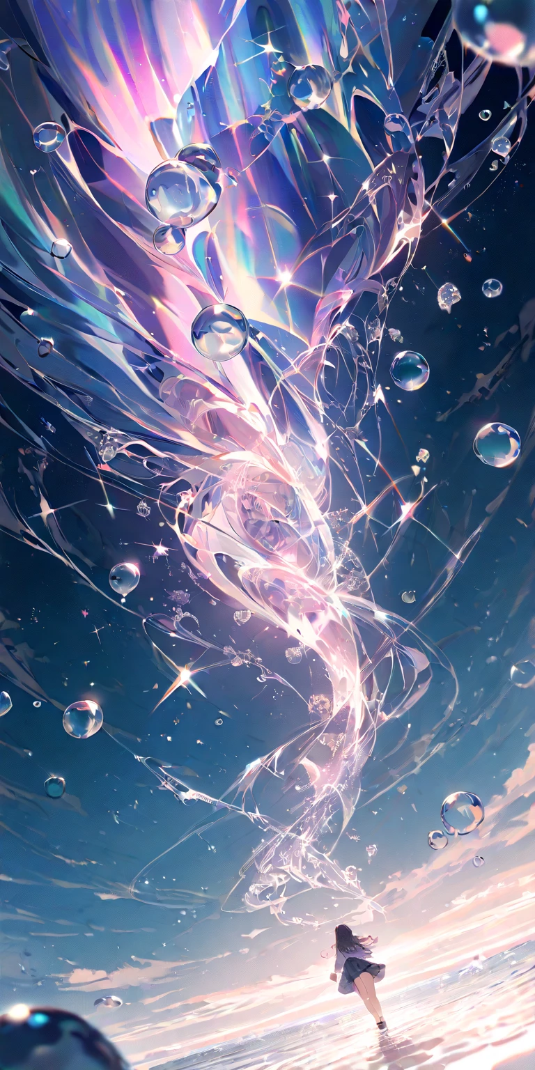 1girl\(cute,kawaii,chibi,student, young, hair\(short,silver,floating\), cosmic eyes, pale skin, (looking up),close-up girl\). BREAK .(crystal clear bubbles\(shining prism,in the sky\), beautiful universe, (photo-realistic huge beautiful colorful aurora:1.2),high color saturation, ground\(made of water, reflecting aurora\), many colorful (realistic crystal flowers:1.2) blooming everywhere, (shiny wind flow), stars sparkle, from below,dynamic angle. (fish-eye lens:1.2). BREAK .quality\(,masterpiece, high score, great score, very aesthetic, high resolution, ultra-detailed, absurdres, newest, scenery, depth of field\)