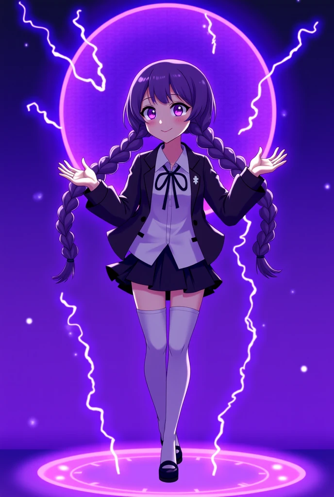 1girl,urple hair, purple eyes, glowing eyes, electricity,Silk stockings, jackets, lightning, Short skirt,Artifacts,purple magic, aura, full body,magic circle, braids,very long hair,hair flowe,tarry sky ,