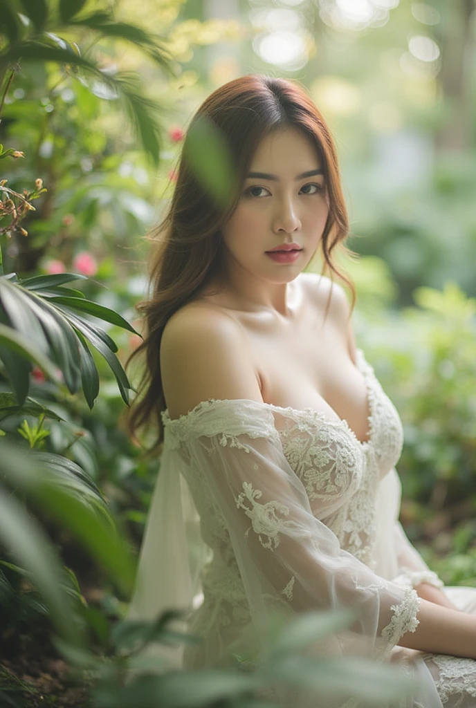 NSFW, ((highest quality)), ((8K)), ((masterpiece:1.3)), (be familiar with), perfect face, no underwear, hairy pussy, ((japanese woman)), (Married woman), ((37 years old)), wavy hair, hair bunches, flowers in her hair, (( giant big big sagging breasts:1.6 )), large hips, slim waist (((Layering petticoat dress and no underwear))), ((Silk petticoat dress)), flashing hairy pussy, (Transparent white pericoat dress:1.05), (white lacey detailed bra:1), (2 sets of shoulder straps), (Bunty), (wrinkles on the face:1.2), ((wrinkles at the corners of the eyes)), A slightl smile look, (lips slightly open), (Look diagonally forward to the left:1.3), (Long wavy hair), double upper eyelid, (whole body), sitting on a baroque cream velvet 1800s arm chair with legs open, touching, barefoot, arms up begind head, stretching, view from slightly below