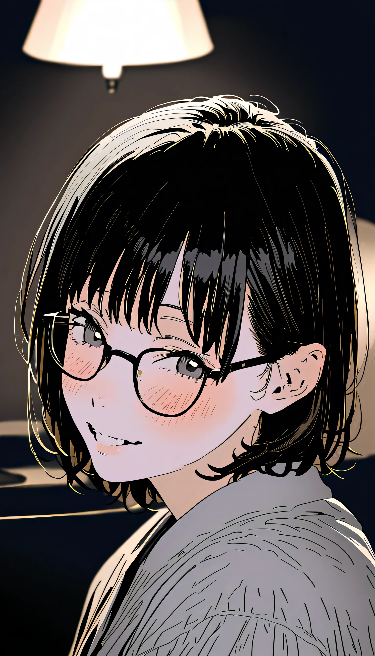 (RAW photo, best quality), black and white picture,1girl, 20 years old woman, cute girl, smiling, high quality, (high detailed skin:1.4), puffy eyes, glasses, gorgeous hair, (dark room:1.3), (rim lighting:1.3), (dimly lit:1.3), (dark night:1.3), indoors, portrait, black hair, dark background, short hair, wolf cut hair, wolf haircut, wavy hair, looking at viewer, cowboy shot, blush