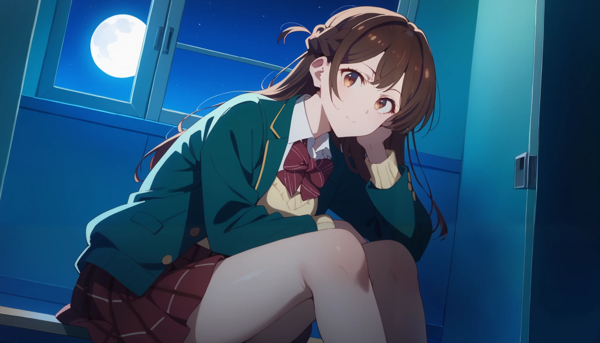 , and stare at the viewer, Alone, Chizuru Ichinose, 1 girl, brown hair, long hair, French Braid , brown eyes,  school uniform , green jacket, yellow sweater , bow tie,  plaid skirt that breaks small breasts, red skirt,  Black Sox,In a completely dark room, locker,  window_,Dark Night, Moon and Stars、Closeup shot thick and puny, thighs、 holding your knee