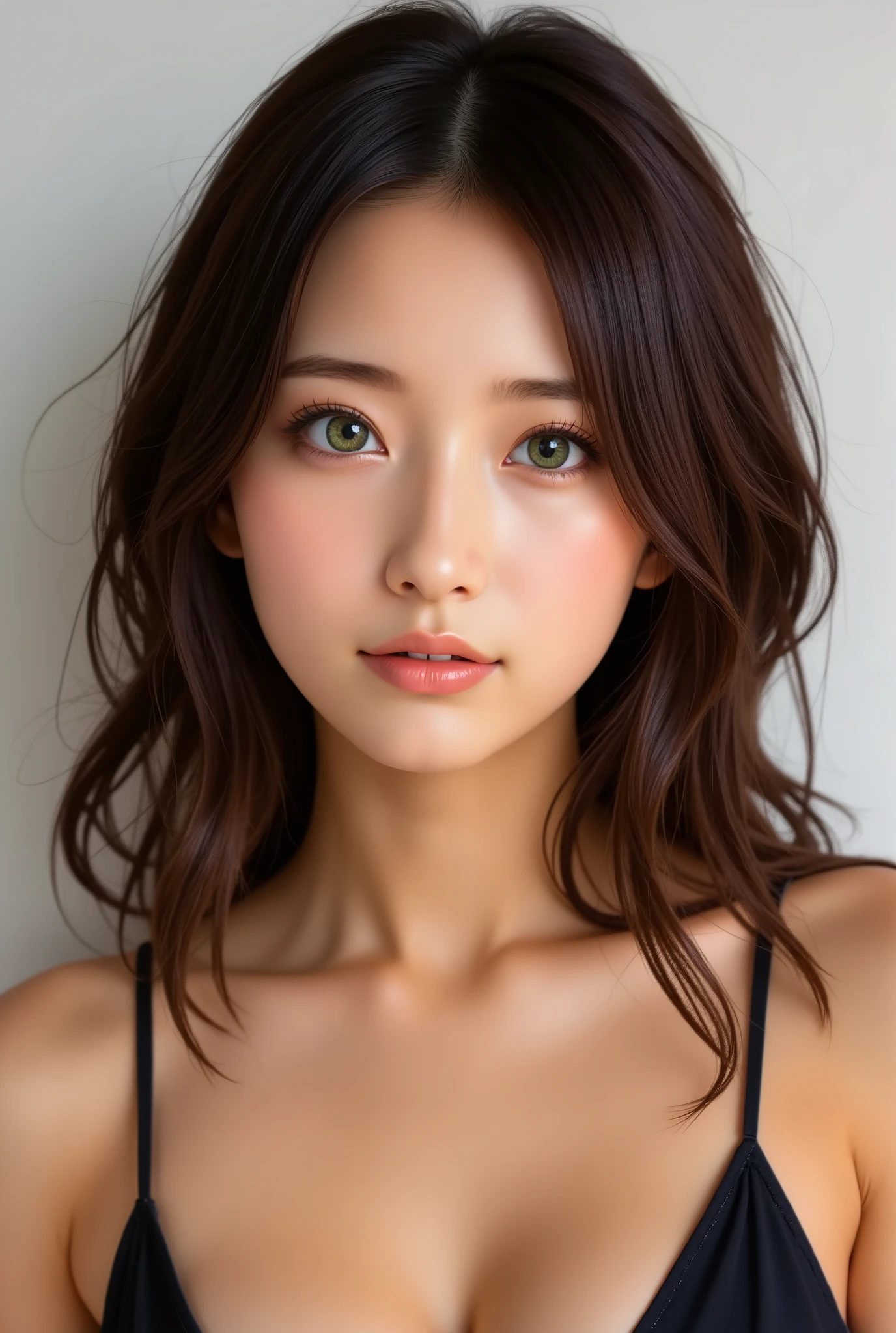 A digital portrait of a woman with golden tan skin, green eyes, full lips, brown wavy hair, in a triangle handkerchief top.