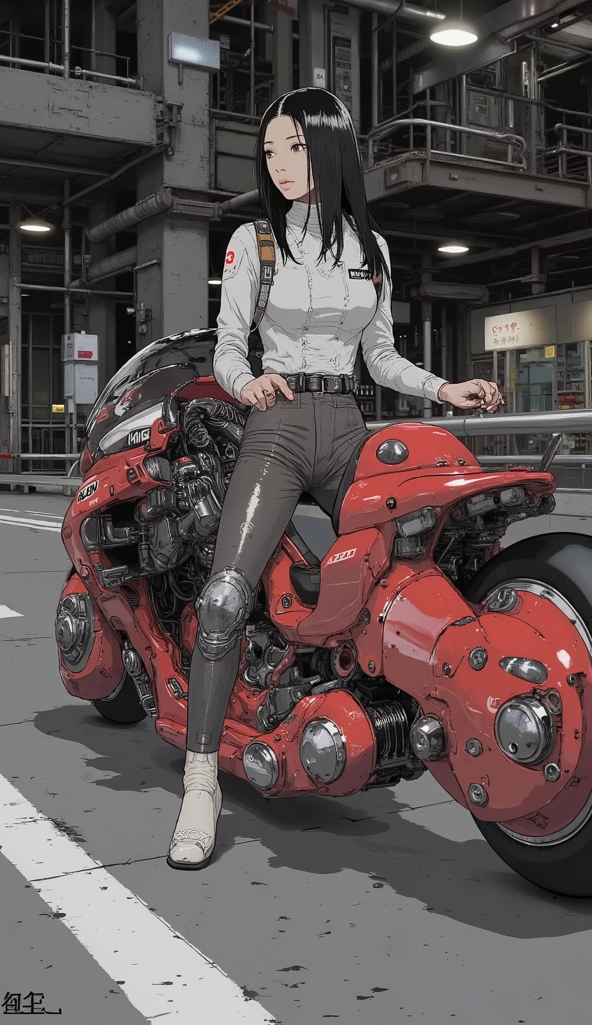 Akira Slide 、 Beautiful Japanese Woman 、White rider suit,  black hair,  straight long hair、 stylish hair 、 is anatomically correct、Akira Bike、Expressway、 dark lights 