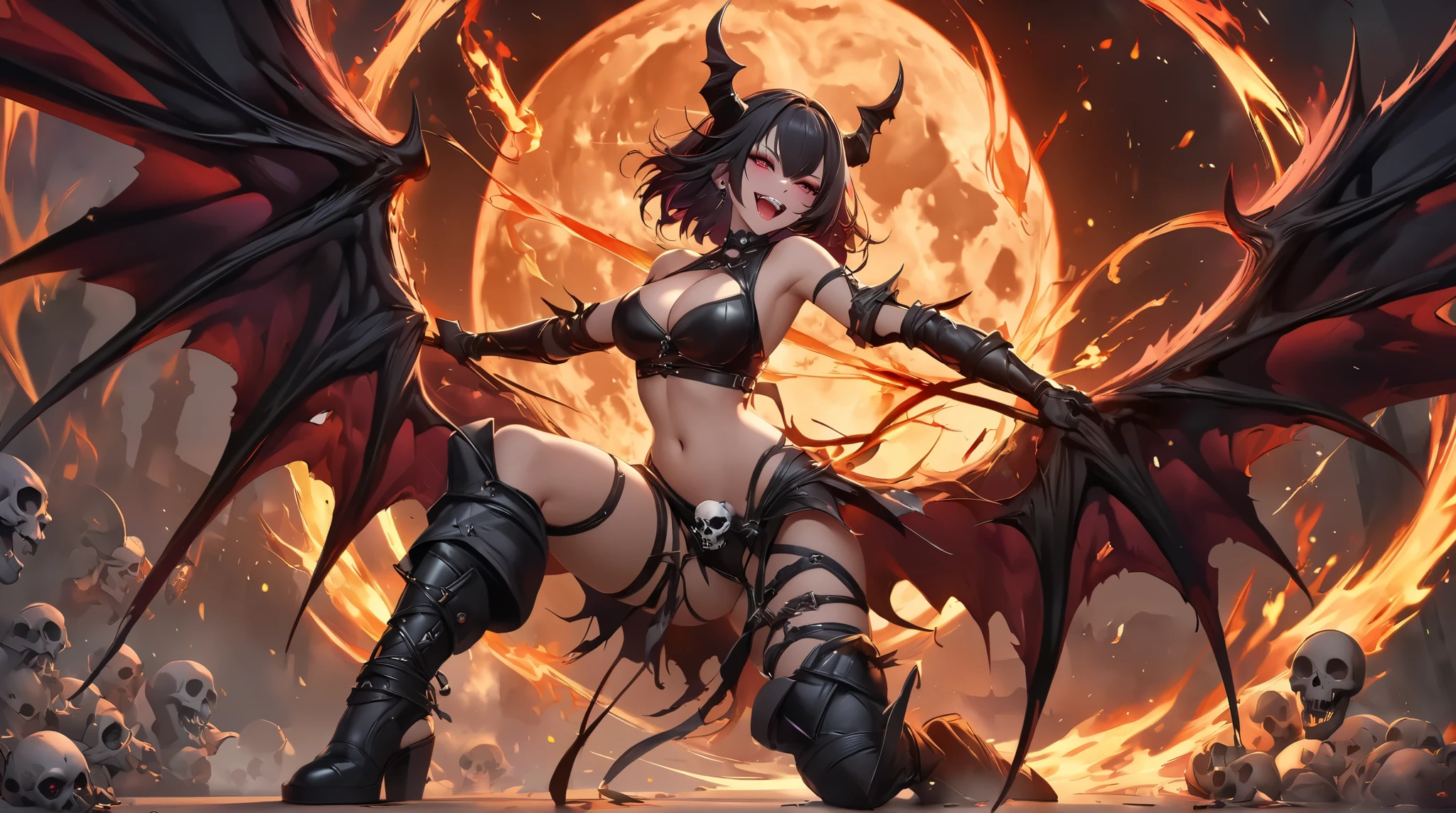 Demon woman, black horns, mature, athletic, full body photo, very angry face, long fangs, diamond face, demon tail, wings demon, strong shadows, yellow light, bloodborne, detailed face, sparks, muscles, gargolyes background, hell, jail, night, detailed abs, bloody fangs, bloody mouth, hurts, scars, shinying eyes, war pose, long claws, bloody claws, perfect vaginal shape, (masterpiece), perfect, direct light, underlight, long nails, claws, piercing, nipple piercing, flowing hair, detalied vagina, strong jaw, golden sky, large boobs, 30s years old, fit, Demonic queen, gothic, big tits, horns, tail, dark demon wings, massive ass, thick thighs, long torso, wide waist, skinny torso, abs, fit, perfect face, armor, attacking, perfect eyes, perfect mouth, perfect nose, attacking