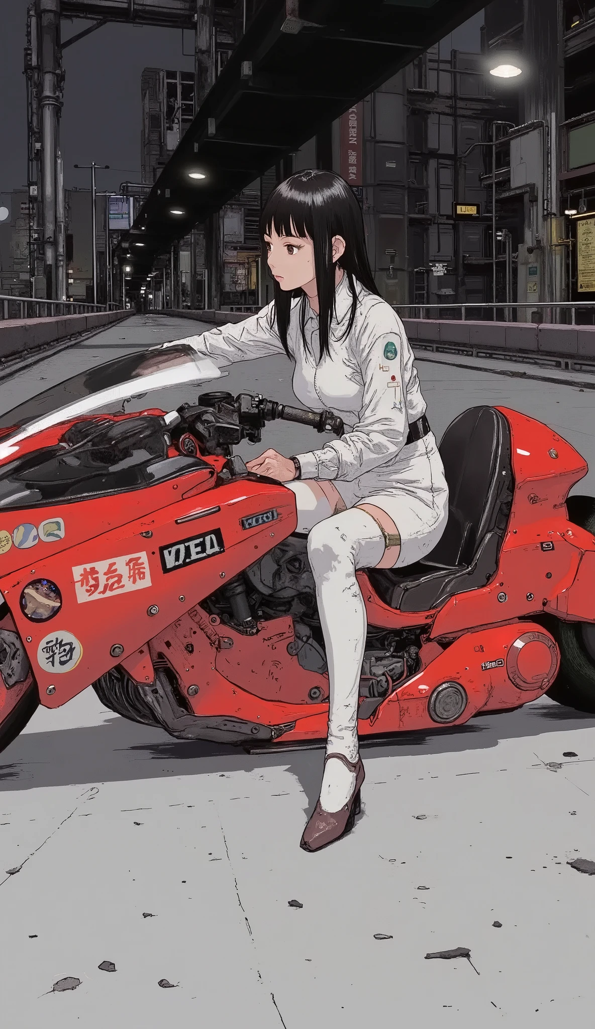Akira Slide 、 Beautiful Japanese Woman 、White rider suit,  black hair,  straight long hair、 stylish hair 、 is anatomically correct、Akira Bike、Expressway、 dark lights 