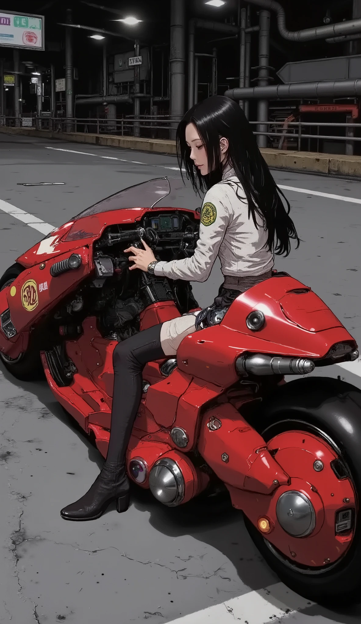 Akira Slide 、 Beautiful Japanese Woman 、White rider suit,  black hair,  straight long hair、 stylish hair 、 is anatomically correct、Akira Bike、Expressway、 dark lights 