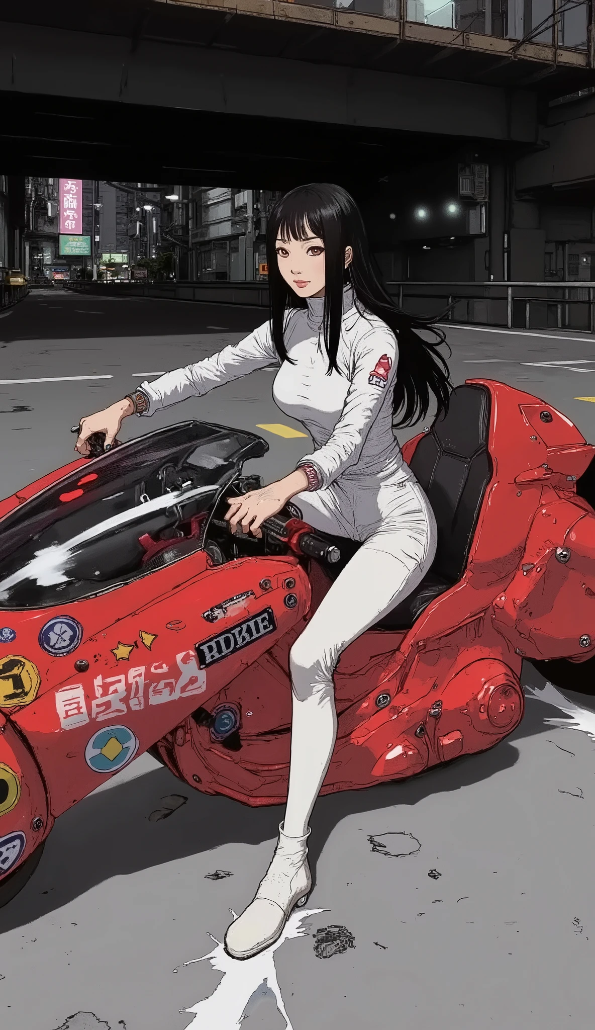 Akira Slide 、 Beautiful Japanese Woman 、White rider suit,  black hair,  straight long hair、 stylish hair 、 is anatomically correct、Akira Bike、Expressway、 dark lights 