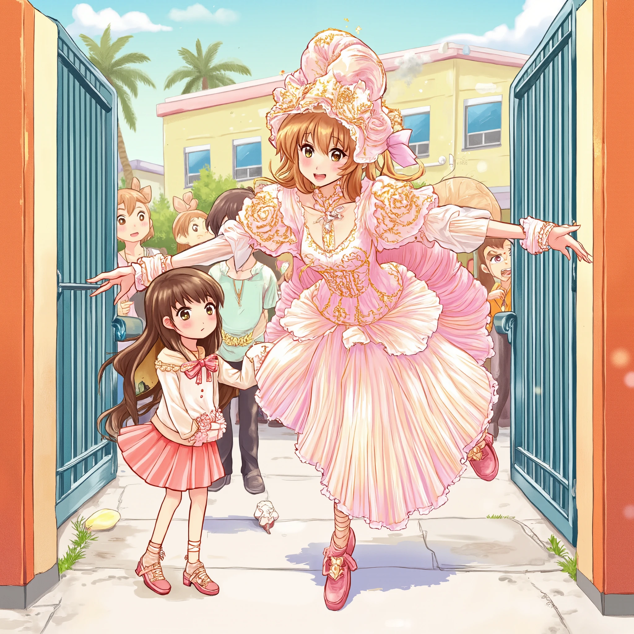 A lively and humorous illustration of a school entrance ceremony, where a young girl stands nervously at the school gate while her mother, dressed in an overly flashy and extravagant outfit, confidently poses beside her. The mother's dress is adorned with frills, sparkles, and a large head accessory, making her the center of attention. The girl, blushing with embarrassment, secretly smiles, torn between wanting to hide and appreciating her mother’s vibrant energy. The background features a bright, cheerful school setting with other parents and students watching in amusement. The overall color scheme is playful, featuring pastel tones with pops of glittering gold and pink."