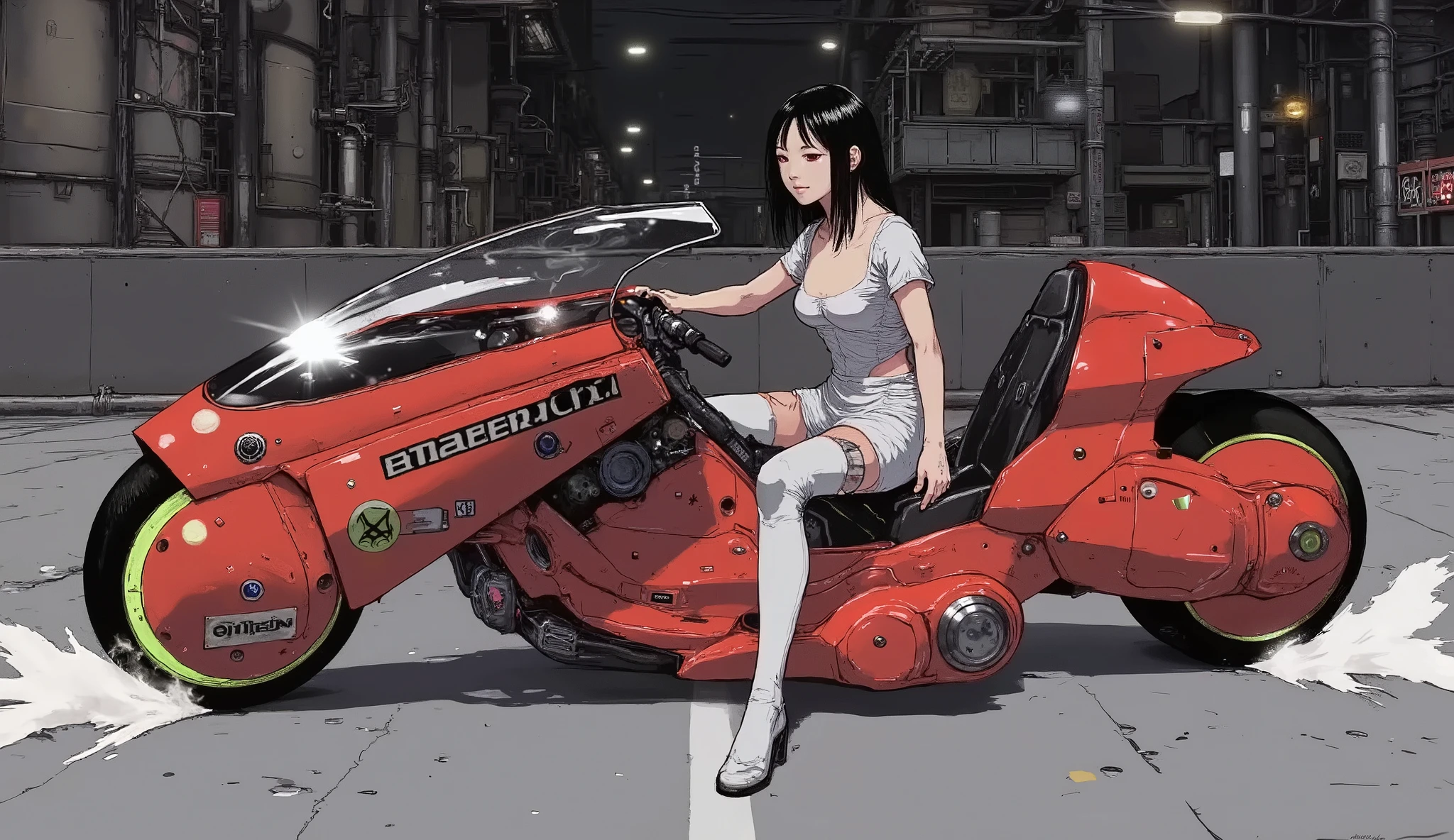 Akira Slide 、 Beautiful Japanese Woman 、White rider suit,  black hair,  straight long hair、 stylish hair 、 is anatomically correct、Akira Bike、Expressway、 dark lights 