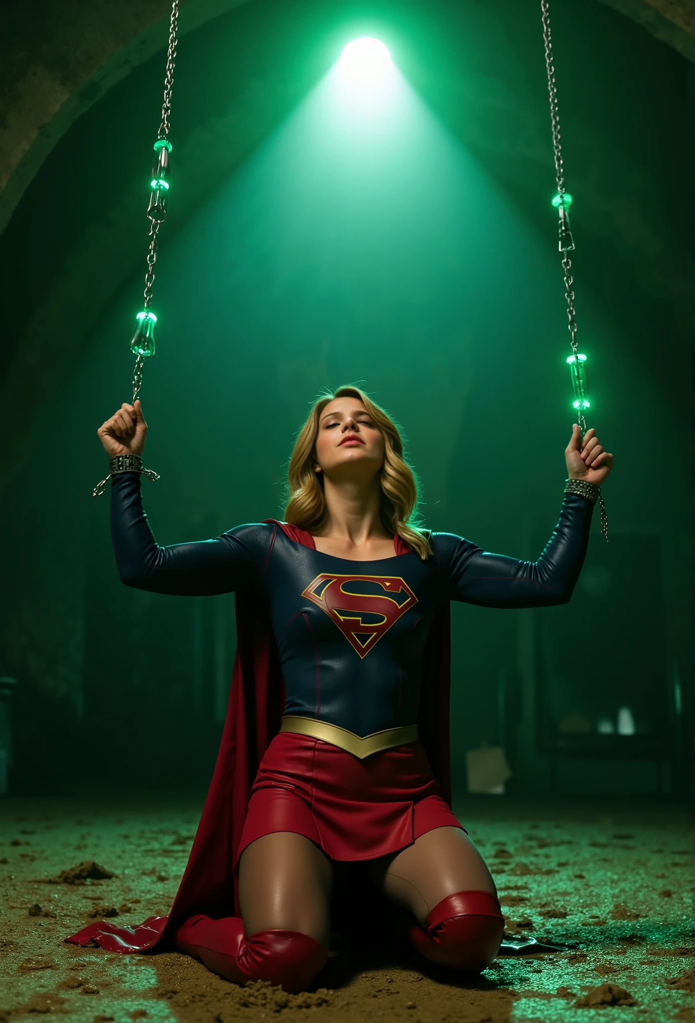 Melissa Benoist as Supergirl, the Supergirl is kneeling and her hands is hanging over her head with chain, she is hanging her wrists to the ceiling with a green lighting chain, chains tied her wrists with ceiling, she is unconscious, eyes close, She is wearing a Supergirl costume with red skirt, pantyhose and red knee height boots, her condition is tired, tattered clothes, screaming in pain, bright spotlight focus to her body, in the cave,