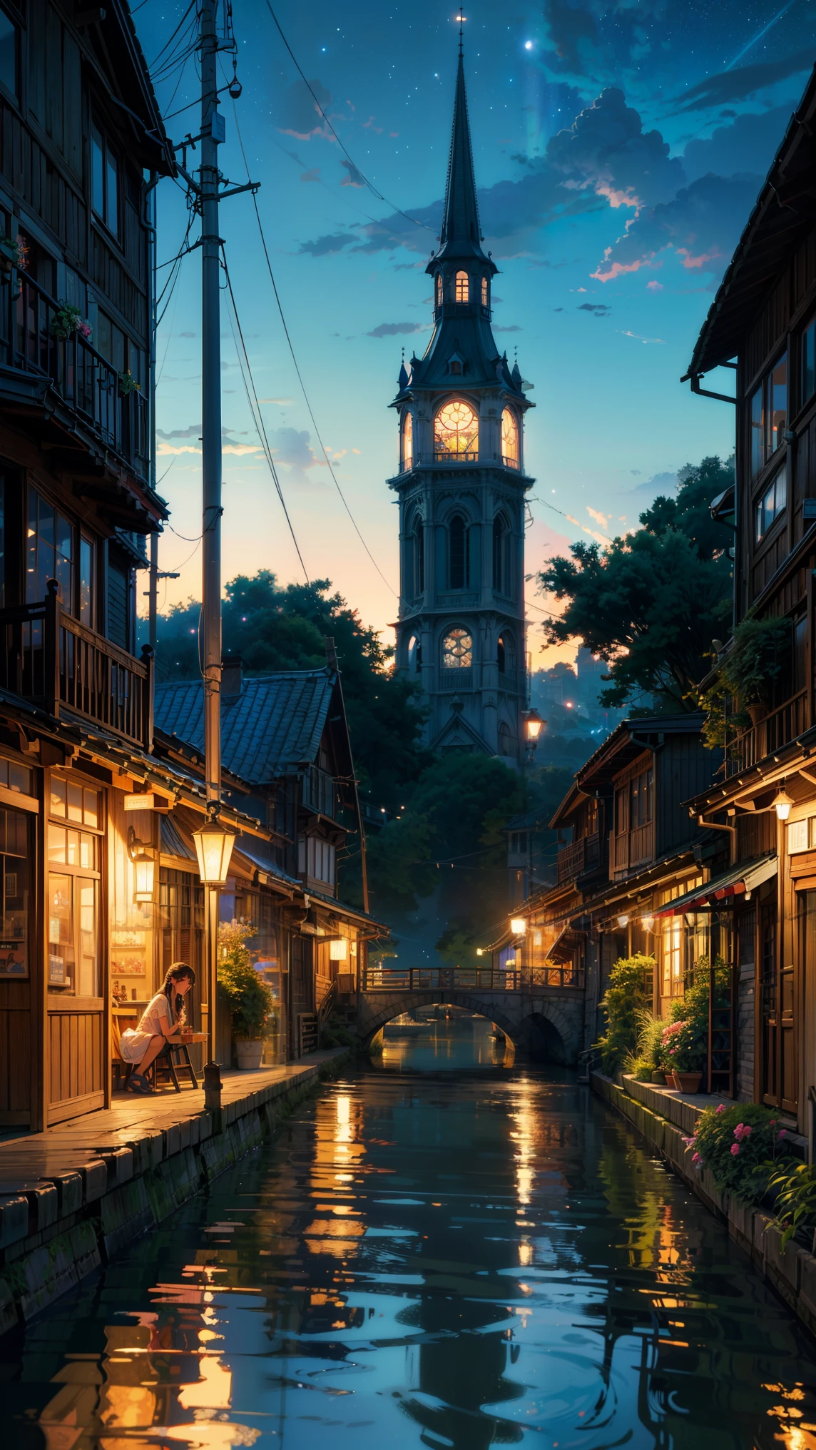 "(anime illustration), (digital illustration) (masterpiece:1.2) a balcony, viewed from behind, overlooking a night-lit city by a river.lding, Busy Town Road, free street, Waste , Nostalgia, ultra high quality , highly detailed , Retro filter, (by sakamichan:1.4),ghibli studio style, (by artgerm:1.3), (by wlop:1.3), (by james zapata), some hanging plant on the top of the shop, Some various colorful flowers with plants, The scene includes a starry sky, warm reflections on the water, and a distant church spire. Use a dreamy, surreal style with impressionist influences. no human