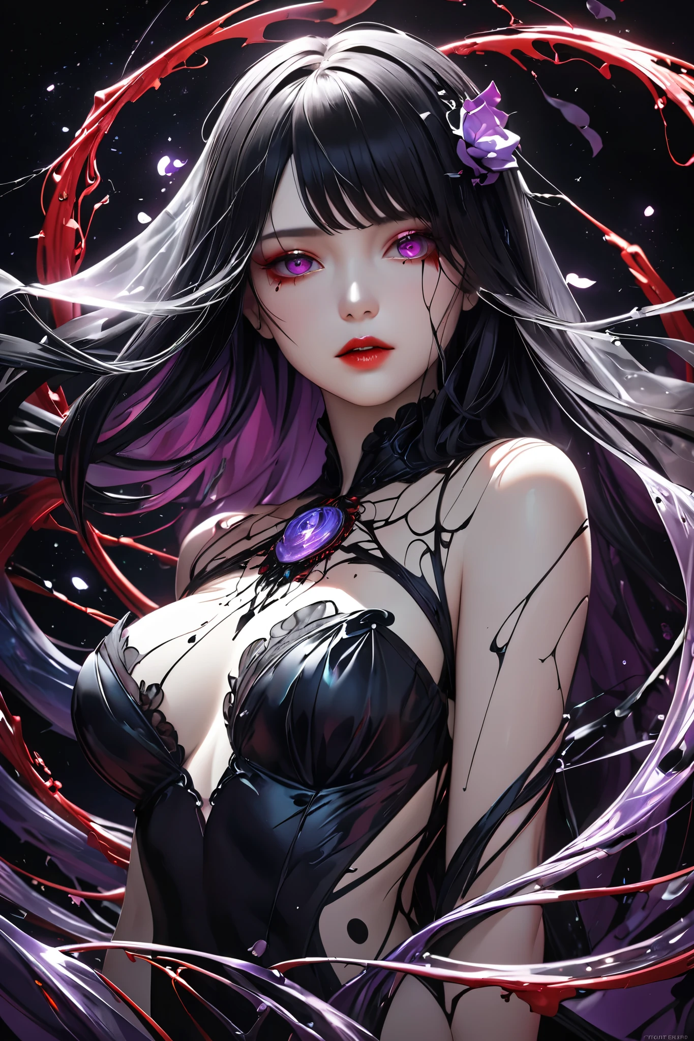 Woman, long dark purple hair, red eyes with a bright light, black long open dress, witch, silver jewelry in the shape of ribs, metal mask on half of the face, black lipstick