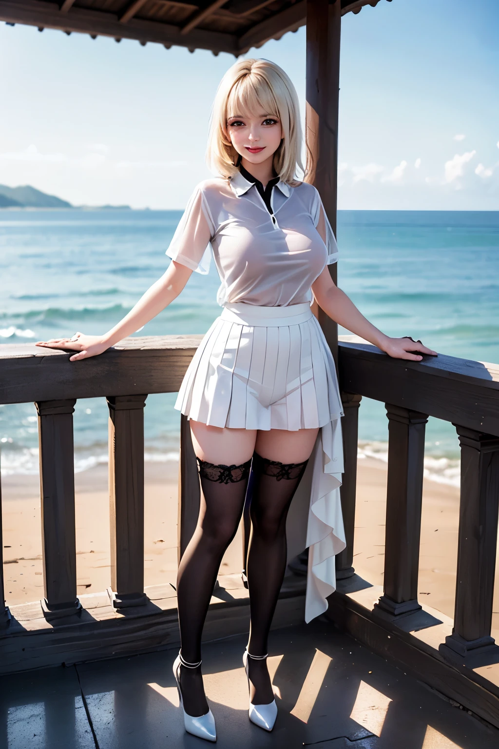 ((Masterpiece)), 4k, Beautiful (Cute Idol of Japan) , ((Best Quality)), (1girl:1.4), Professional lighting, High Resolution, Blonde Hair, Watch Viewer, Red Glittery Lips, Uniform, Thighs, Sweaty and Wet, Realistic Painting, Complex, Full Body, (Realistic Eyes: 0.9), (Realistic Painting: 0.9), Beautiful Glowing Blue Eyes, Profile, Embarrassing, strong neon backlight, oily, rain, transparent, clean nose bridge, frozen, clear, red shiny pumps, high heels,
