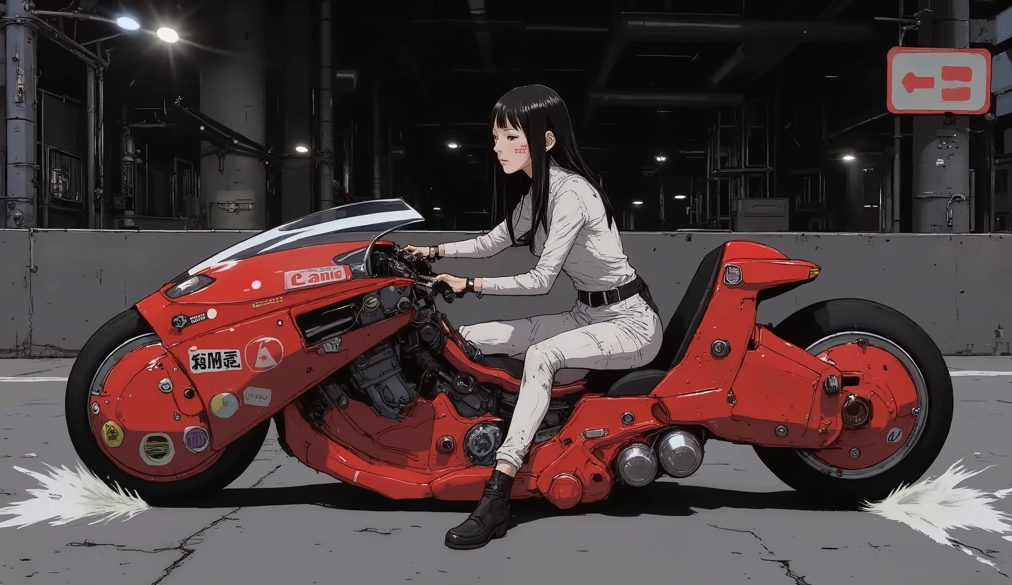 Akira Slide 、 Beautiful Japanese Woman 、White rider suit,  black hair,  straight long hair、 stylish hair 、 is anatomically correct、Akira Bike、Expressway、 dark lights 