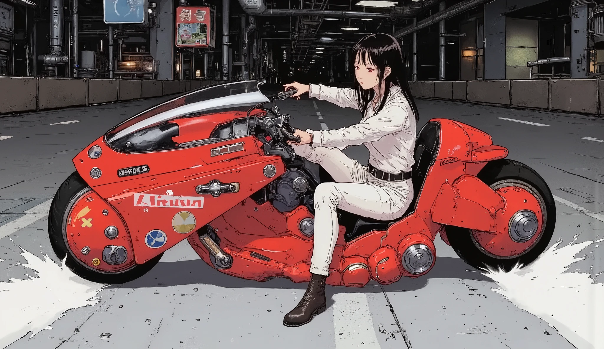 Akira Slide 、 Beautiful Japanese Woman 、White rider suit,  black hair,  straight long hair、 stylish hair 、 is anatomically correct、Akira Bike、Expressway、 dark lights 