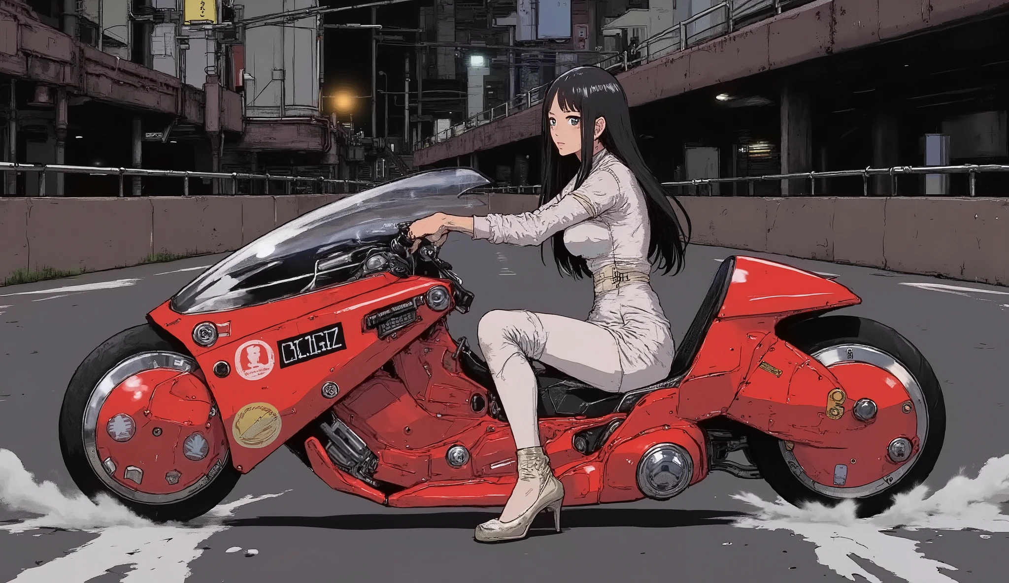 Akira Slide 、 Beautiful Japanese Woman 、White rider suit,  black hair,  straight long hair、 stylish hair 、 is anatomically correct、Akira Bike、Expressway、 dark lights 