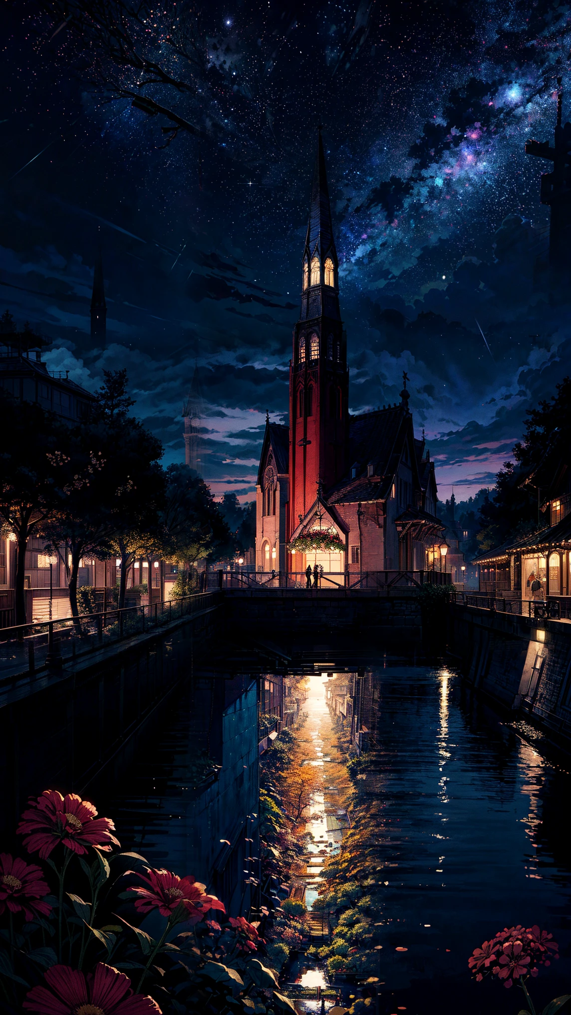 "(anime illustration), (digital illustration) (masterpiece:1.2) a balcony, viewed from behind, overlooking a night-lit city by a river.lding, Busy Town Road, free street, Waste , Nostalgia, ultra high quality , highly detailed , Retro filter, (by sakamichan:1.4),ghibli studio style, (by artgerm:1.3), (by wlop:1.3), (by james zapata), some hanging plant on the top of the shop, Some various colorful flowers with plants, The scene includes a starry sky, warm reflections on the water, and a distant church spire. Use a dreamy, surreal style with impressionist influences. no human