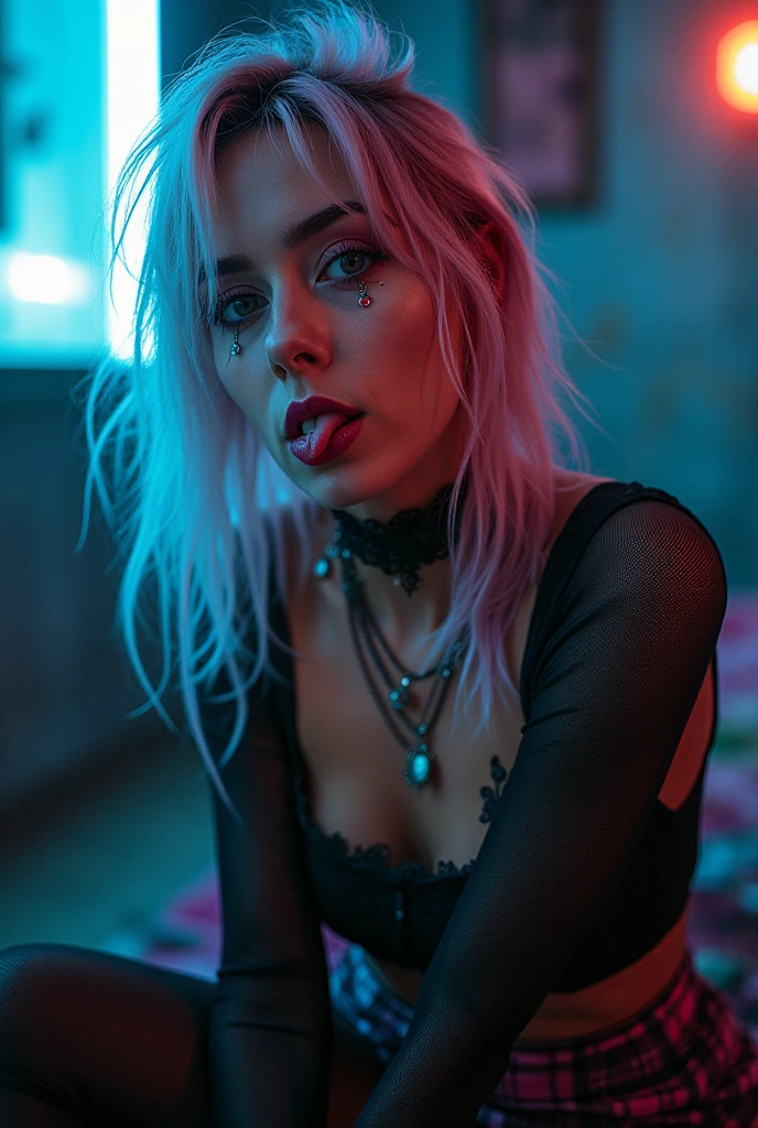 ((Hyperrealism, Realism, Ultra detailed body, Masterpiece)), green eyes with sparkels, hopeless face, long messy white hair, sexy dirty body, dark dirty room, Chromatic Aberration, sitting in a corner, seductive submissive pose, beautiful seductive white dirty lace lingerie, soft elastic buttocks, natural textured skin, detailed legs, Pink Lights, see-through long off-shoulder white dirty shirt