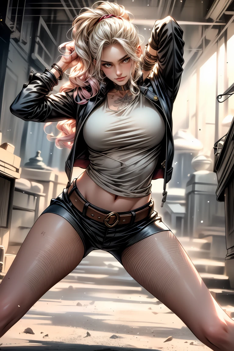 Digital art with fluid colored strokes and oil shading. A blonde female fighter, 25 yaers, athletic body, strong arms and extremely strong legs, almond-shaped blue eyes, long flowing hair, she is wearing a short, black leather jacket over a black latex bodysuit, fishnet tights, black combat gloves and black boots. She is serious. In a defiant pose. Image inspired by the art of Artgerm. On a neutral lilac background.