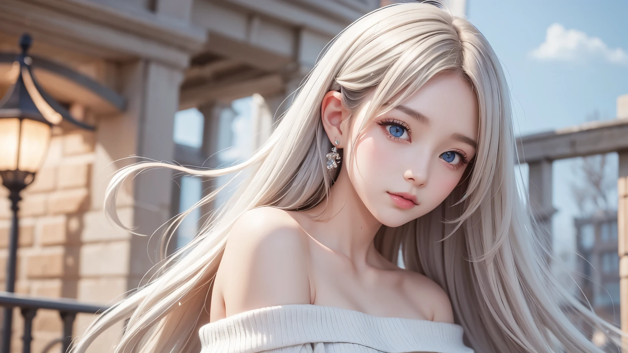 There is a woman in a white dress, artwork in the style of Gwaiz, Gwaiz on pixiv artstation, Gwaiz on artstation pixiv, Gwaiz, Fantasy art style, Gwaiz masterpiece, Beautiful and elegant queen, Beautiful character drawings, Detailed digital anime art, Blonde Princess, Gray Hair, Sky blue eyes, Pink Lips, off shoulder sweater, cool girl face, beautiful eyes, face type, reika, posing