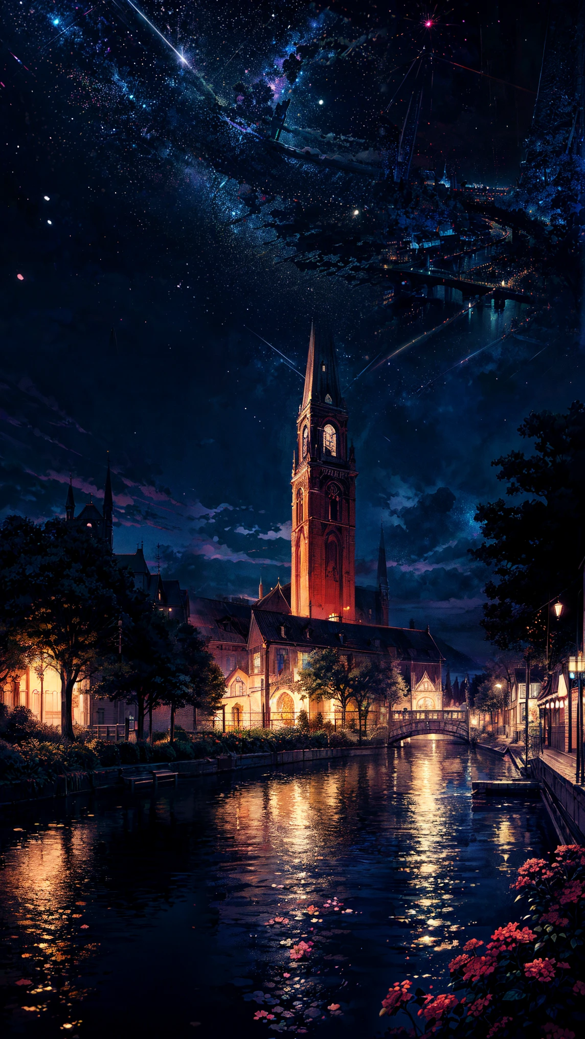 "(anime illustration), (digital illustration) (masterpiece:1.2) a balcony, viewed from behind, overlooking a night-lit city by a river.lding, Busy Town Road, free street, Waste , Nostalgia, ultra high quality , highly detailed , Retro filter, (by sakamichan:1.4),ghibli studio style, (by artgerm:1.3), (by wlop:1.3), (by james zapata), some hanging plant on the top of the shop, Some various colorful flowers with plants, The scene includes a starry sky, warm reflections on the water, and a distant church spire. Use a dreamy, surreal style with impressionist influences. no human