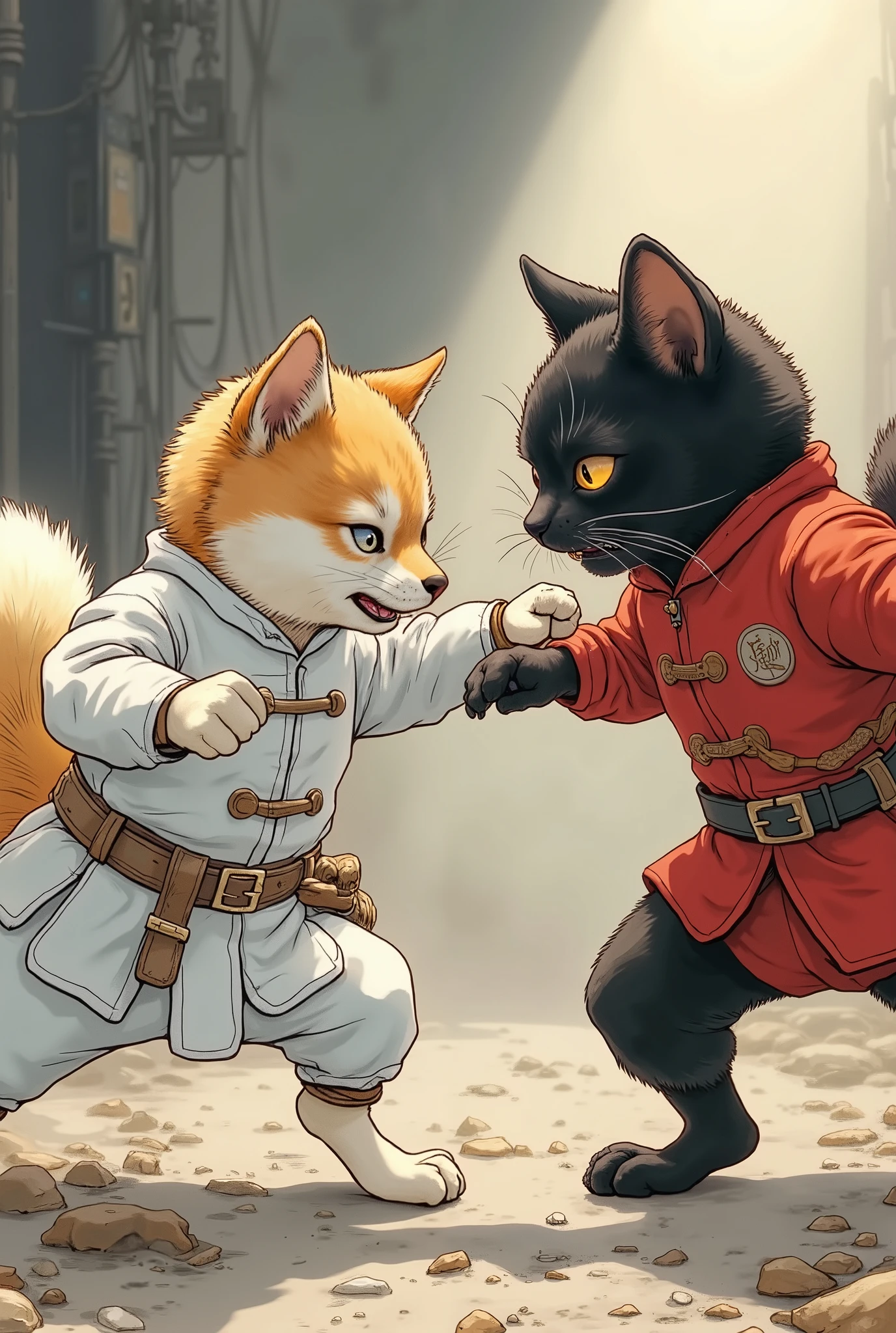 ( CUTE DOG AND CAT FIGHT , Shiba Inu in a white battle suit , Black cat in a red battle suit), DOG CAT CHARACTERS , (BEAUTIFUL KEMONO , small face, Beautiful fur, angry face, mouth), Beautiful and shining eyes, FURRY CHARACTERS, very detailed目と顔, long eyelashes, Battle Royale:1.4, action pose, earthless background:1.2, Quiet, light shining in ,( top quality:1.2, very detailed, high detailed CG illustration , Soft Focus , Masterpiece:1.2, Best Aesthetics ), perfect face, perfect hand, PERFECT LEGS , perfect fingertips,